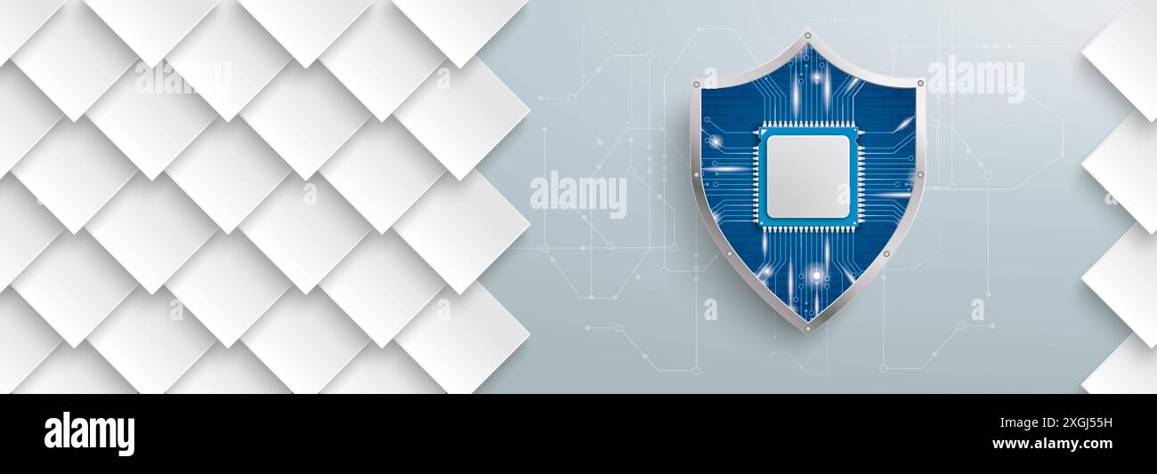 Formes de losange blindage de protection Microchip Header Rhombs blancs avec blindage de protection numérique sur fond gris. Banque D'Images