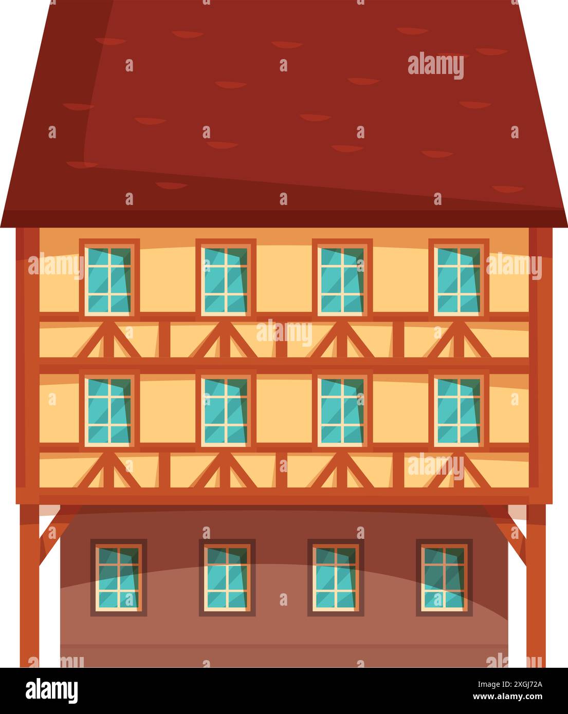 Charmante maison à colombages avec un toit de tuiles rouges, mettant en valeur l'architecture européenne traditionnelle Illustration de Vecteur