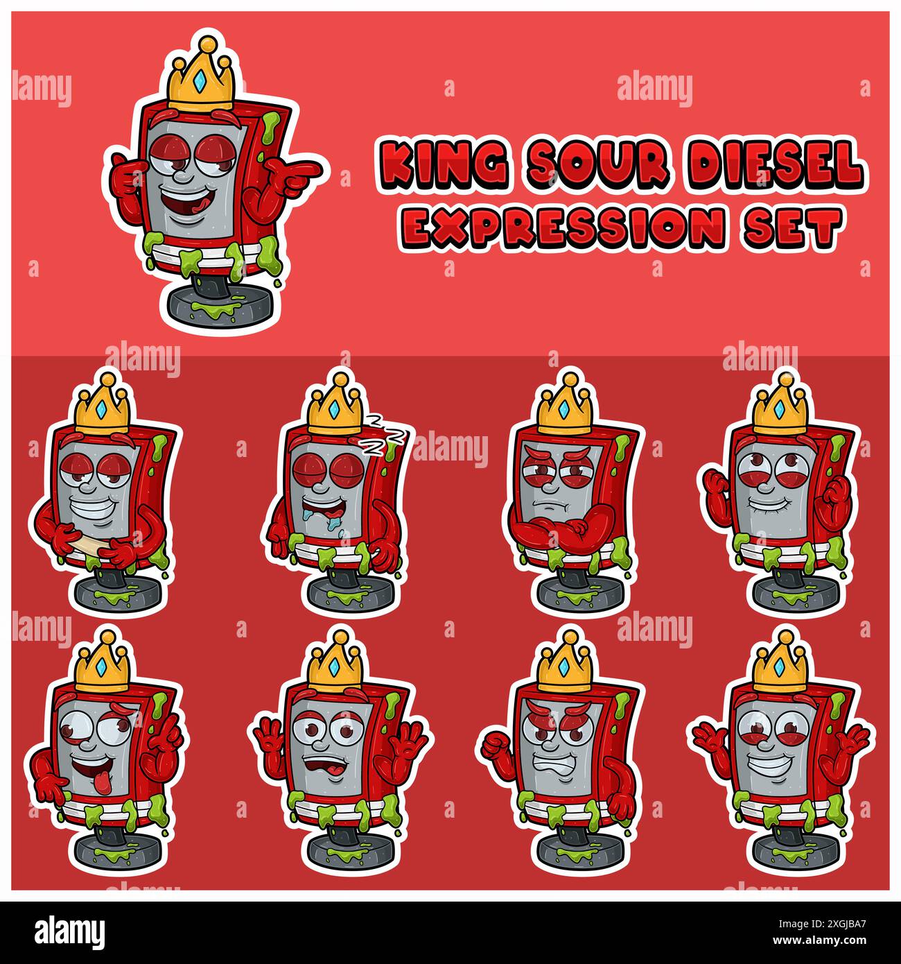 Mascotte de dessin animé du personnage de Sour Diesel avec roi et ensemble d'expression. Illustration vectorielle Illustration de Vecteur