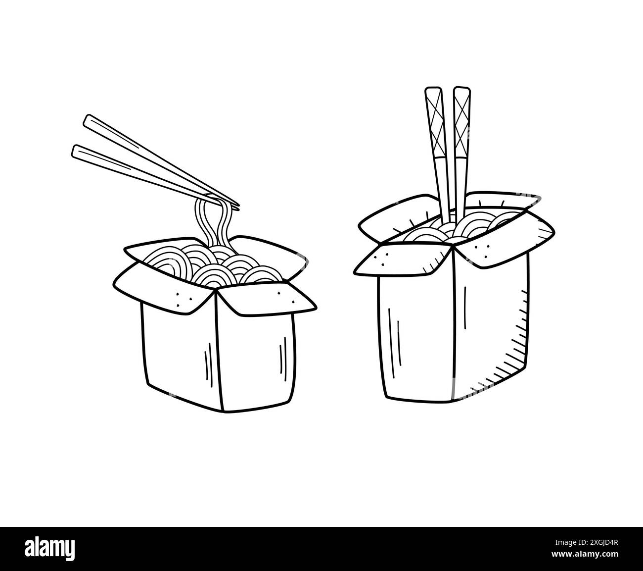 Nouilles avec baguettes dans une boîte, icône griffonner. Illustration vectorielle de la nourriture chinoise, udon. Isolé sur blanc. Banque D'Images