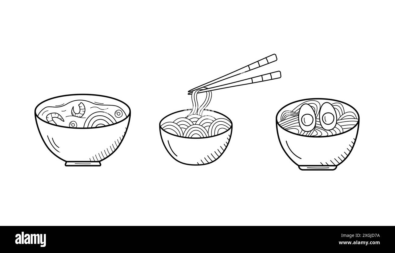 Soupe avec nouilles, œufs et crevettes dans un bol. Illustration vectorielle de la cuisine asiatique, icônes de doodle pour les menus de restaurant. Banque D'Images