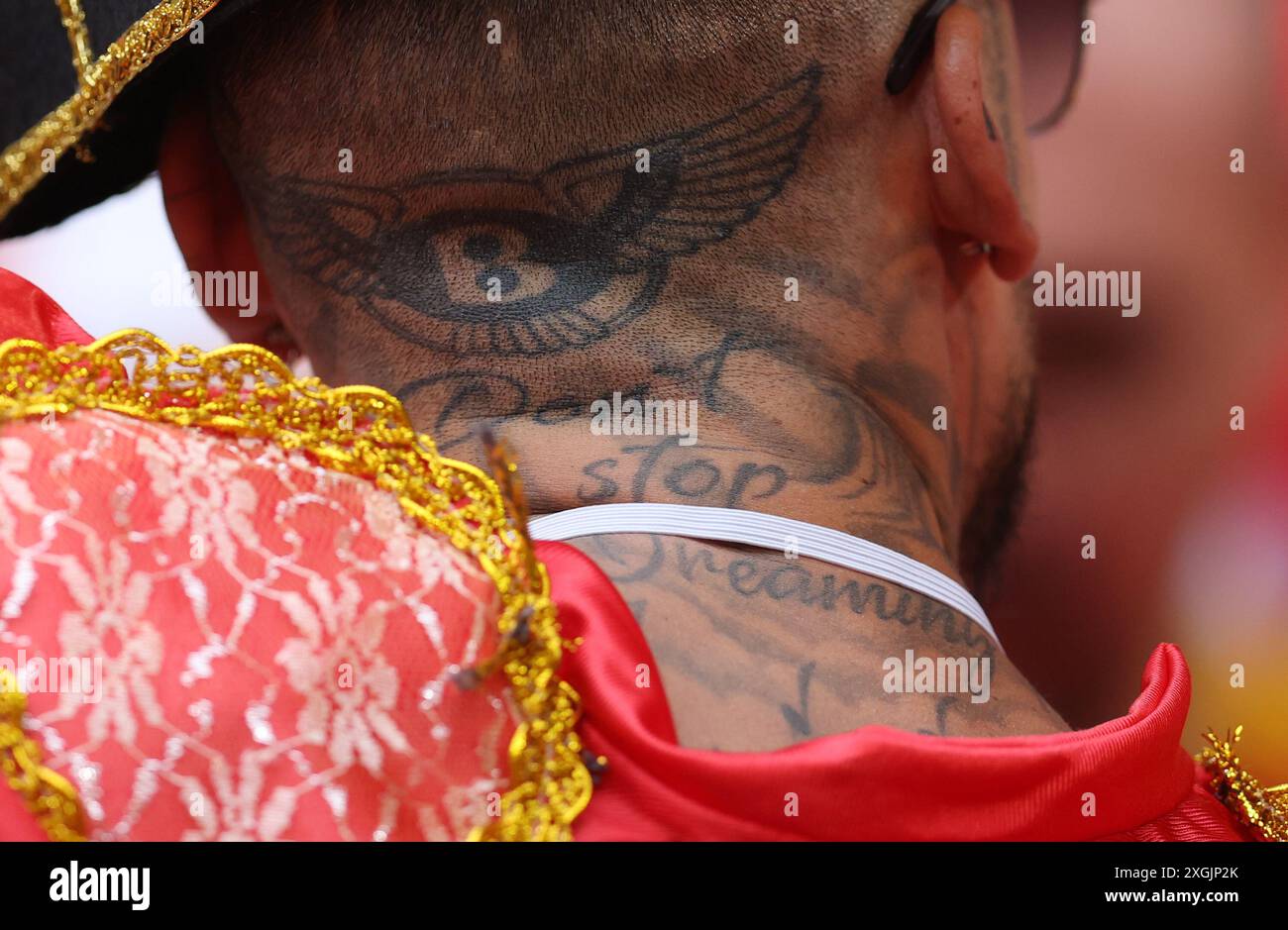 Munich, Allemagne. 9 juillet 2024. Un fan espagnol arbore un tatouage « DonÕt stop Dreaming » au stade avant la demi-finale des Championnats d'Europe de l'UEFA à l'Allianz Arena de Munich. Le crédit photo devrait se lire : Paul Terry/Sportimage crédit : Sportimage Ltd/Alamy Live News Banque D'Images