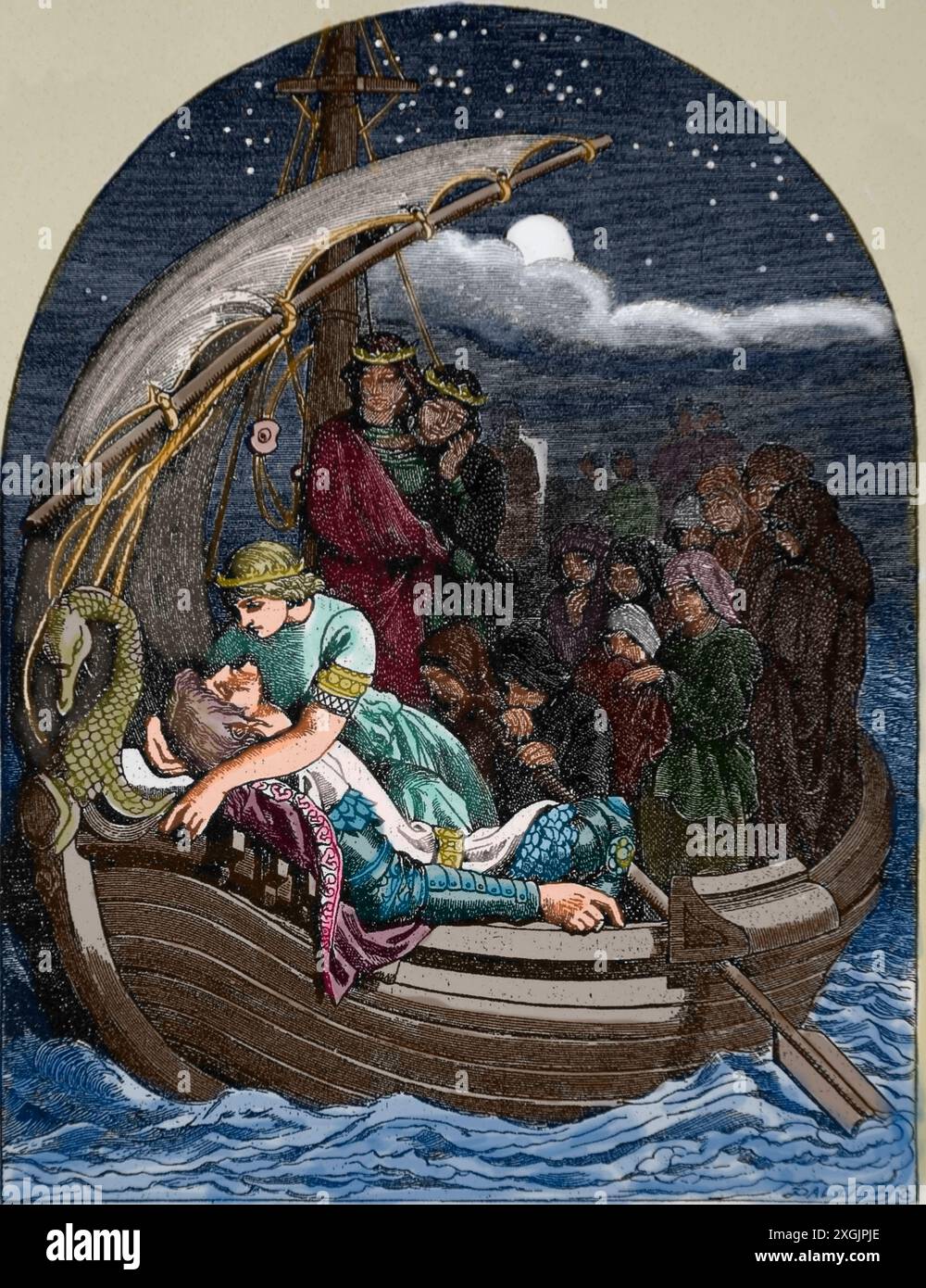 Légende arthurienne. Les funérailles du roi Arthur. Gravure, XIXe siècle. Banque D'Images