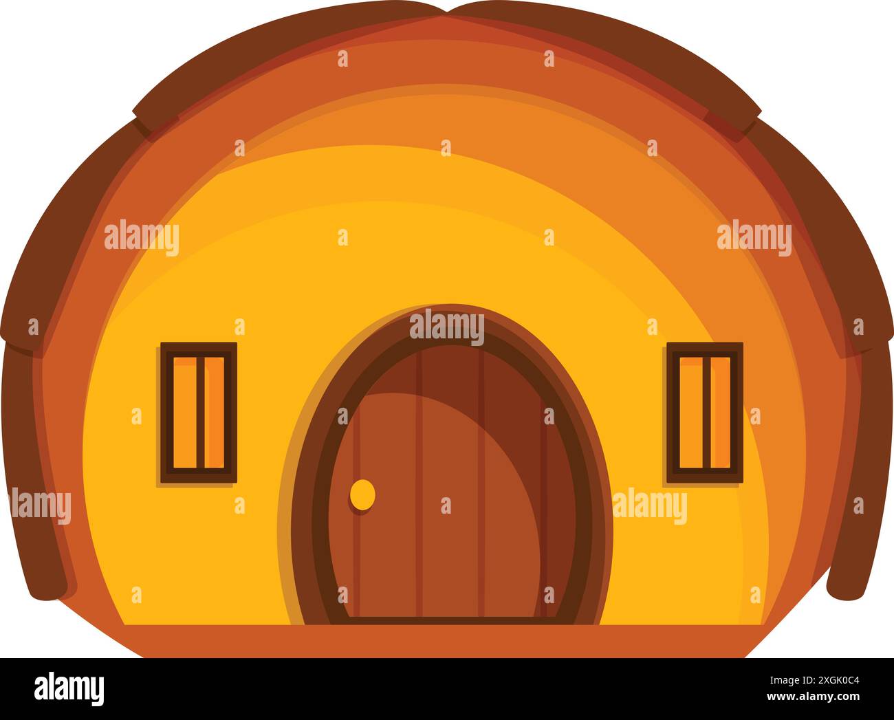 Petite cabane jaune avec une porte ronde en bois et deux petites fenêtres Illustration de Vecteur