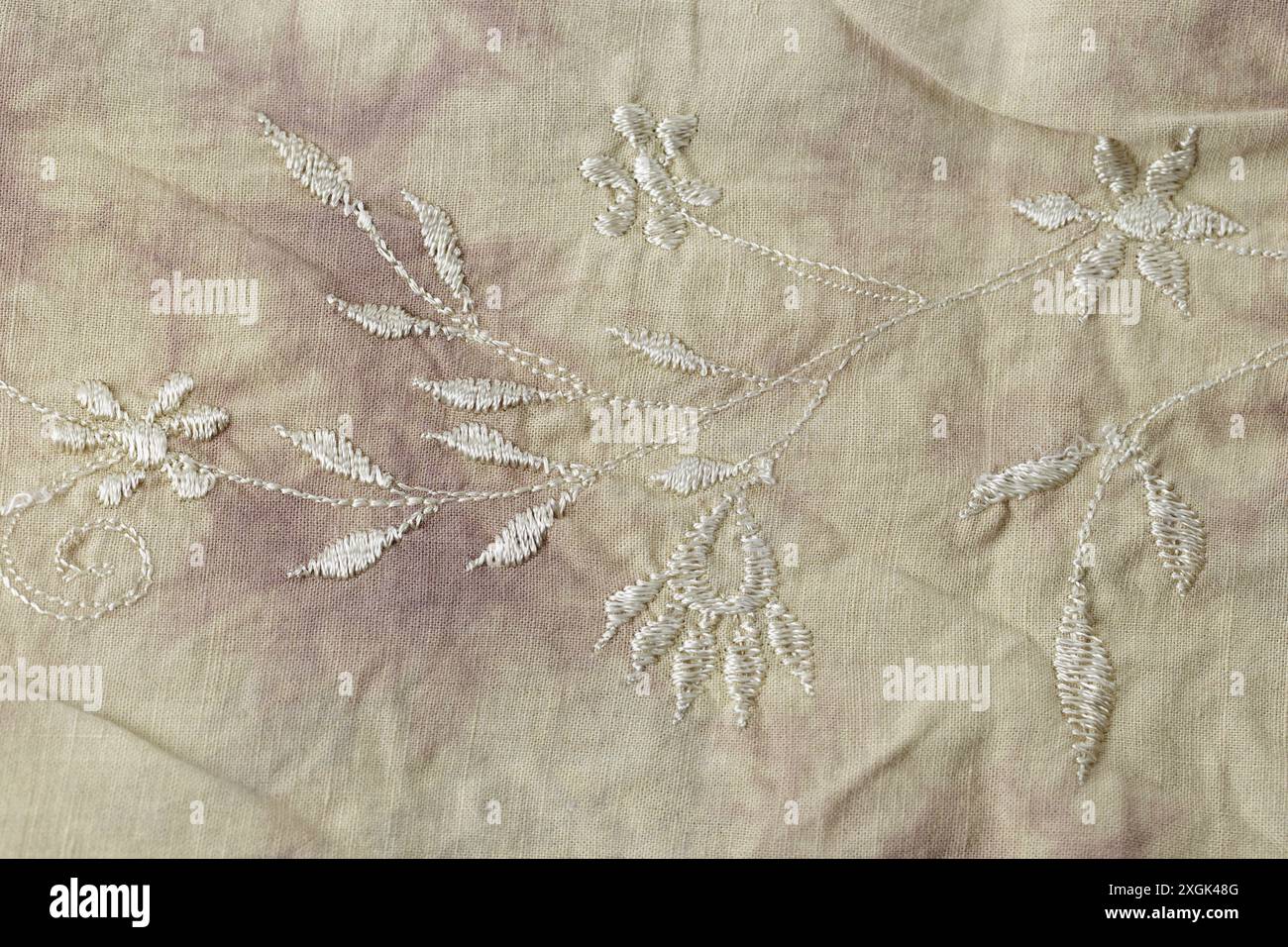 Un morceau de tissu avec des fleurs et des feuilles brodées. La broderie est très détaillée et complexe, donnant au tissu un aspect élégant Banque D'Images
