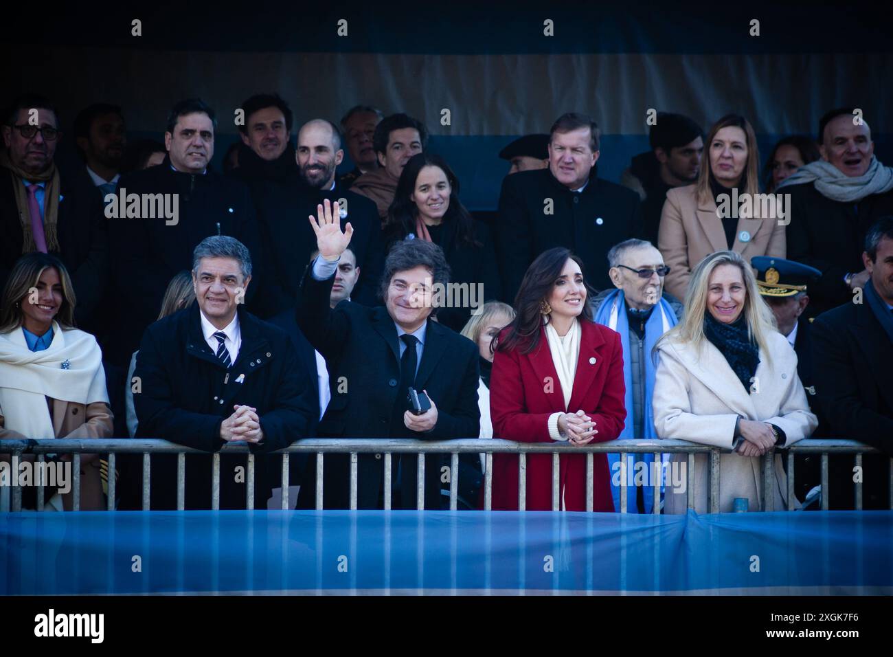 Buenos Aires, Buenos Aires, Argentine. 9 juillet 2024. Le 208e anniversaire de l'indépendance de l'Argentine a été commémoré par un défilé militaire massif auquel ont assisté les autorités nationales. De gauche à droite, Jorge Macri, chef de la ville de Buenos Aires, le président Milei, le vice-président Villaruel et Karina Milei, secrétaire générale de la présidence Argentine. (Crédit image : © Paula Acunzo/ZUMA Press Wire) USAGE ÉDITORIAL SEULEMENT! Non destiné à UN USAGE commercial ! Banque D'Images