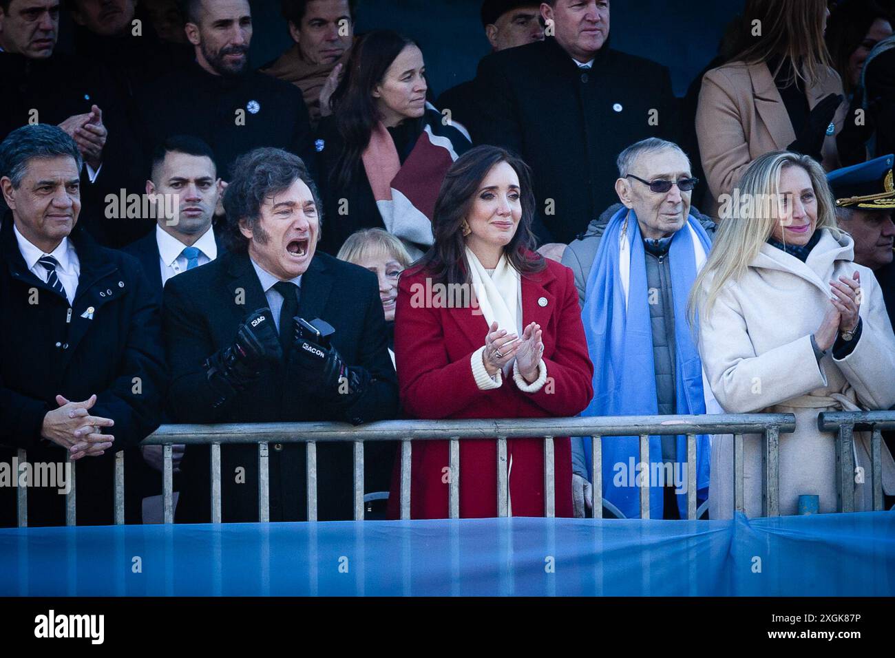 Buenos Aires, Buenos Aires, Argentine. 9 juillet 2024. Le 208e anniversaire de l'indépendance de l'Argentine a été commémoré par un défilé militaire massif auquel ont assisté les autorités nationales. De gauche à droite, Jorge Macri, chef de la ville de Buenos Aires, le président Milei, le vice-président Villaruel et Karina Milei, secrétaire générale de la présidence Argentine. (Crédit image : © Paula Acunzo/ZUMA Press Wire) USAGE ÉDITORIAL SEULEMENT! Non destiné à UN USAGE commercial ! Banque D'Images