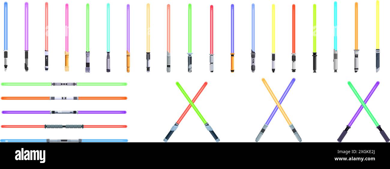Icônes de sabre lumineux définies. Ensemble d'épées laser colorées, certaines croisées, sont isolées sur un fond blanc, suggérant combat futuriste et fantaisie Illustration de Vecteur