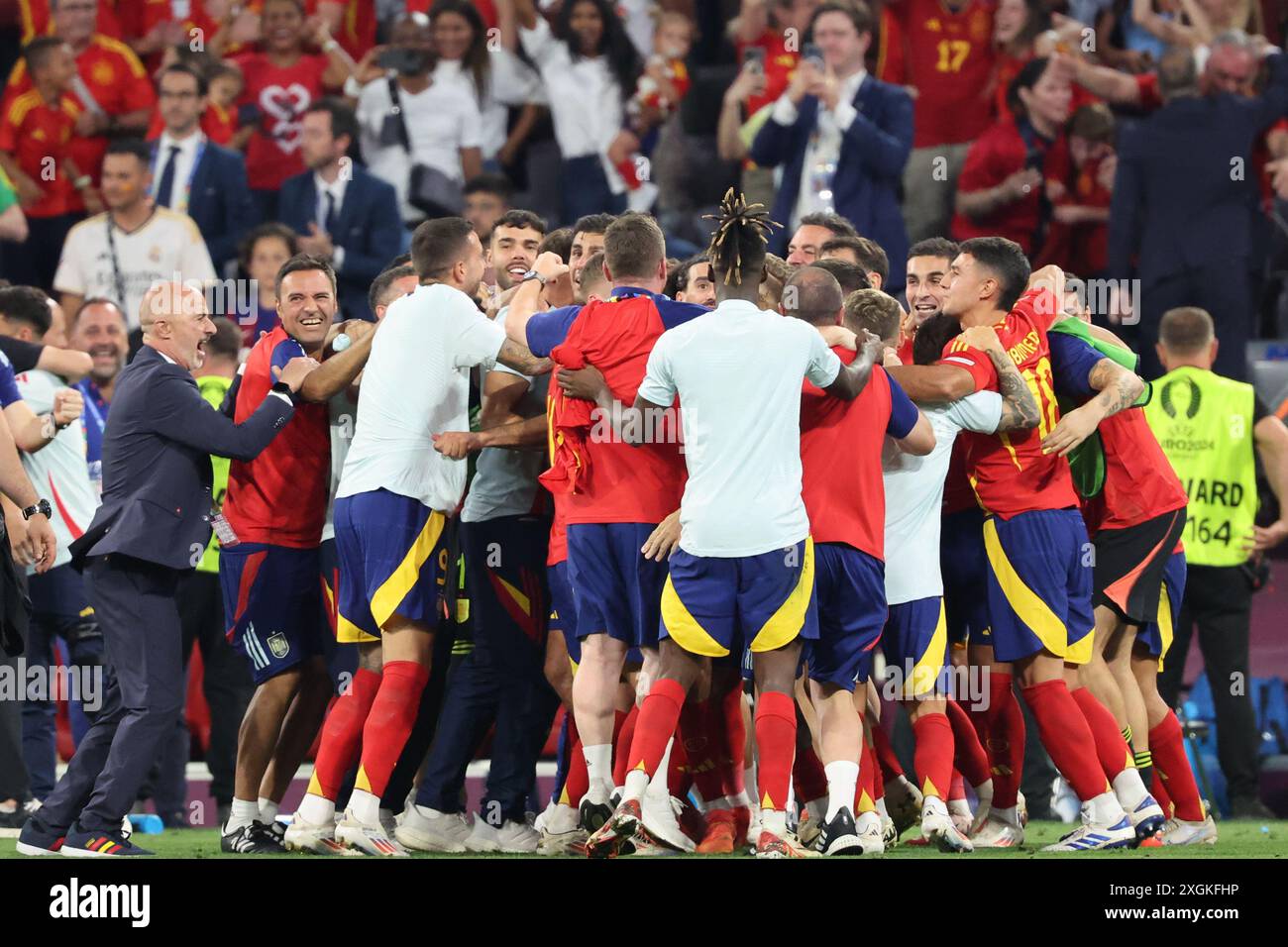 Munich, Allemagne, 9 juillet 2024. L'équipe nationale d'Espagne célèbre sa victoire et le ticket pour la finale lors du match entre l'Espagne et la France. UEFA Euro 2024 Allemagne. Demi-finales. Banque D'Images