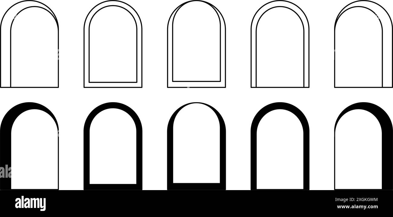 Ensemble de différents cadres d'arche. Formes d'arc géométriques dans un style bohème à la mode. Silhouettes de fenêtre, de porte, de portail ou de portail en forme d'arche isolées sur fond blanc. Illustration graphique vectorielle. Illustration de Vecteur