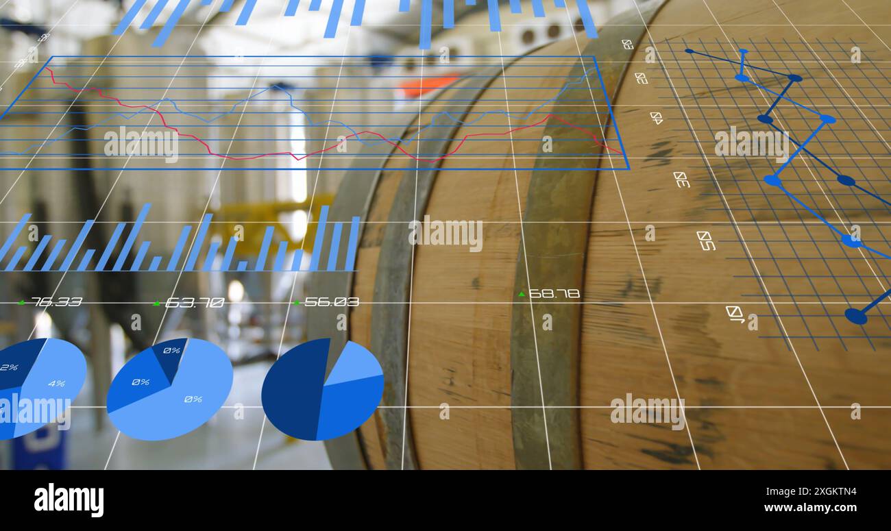 Image du traitement des données statistiques par rapport au gros plan d'un baril dans une usine Banque D'Images
