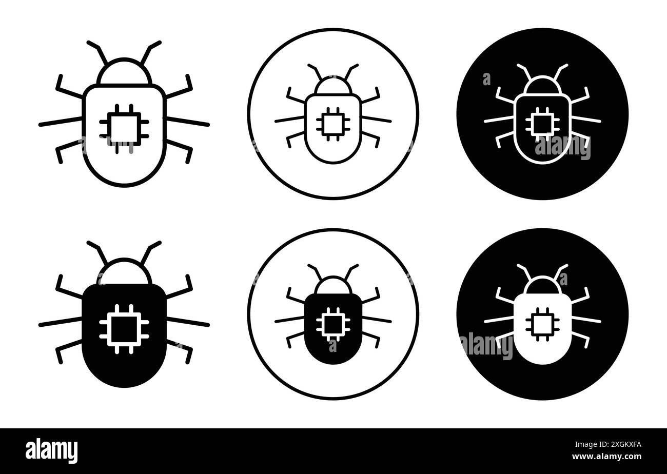 Contour de vecteur de signe de logo d'icône de bug informatique en couleur noire et blanche Illustration de Vecteur