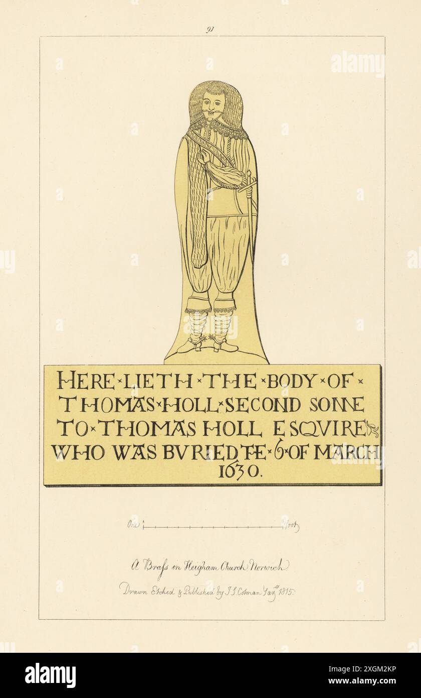 Thomas Holl, beau à la cour du roi Charles Ier, mourut en 1630. Dandy en perruque, tour de cou lacé, bottes à franges. Deuxième fils de Thomas Holl Esquire. Cuivres commémoratifs dans l'église St Philip, Heigham, Norfolk. Gravure sur cuivre teintée dessinée, gravée et publiée par John Sell Cotman dans gravures of the Most remarquable of the Sepulchral Brasses in Norfolk, Henry Bohn, Londres, 1818. Banque D'Images