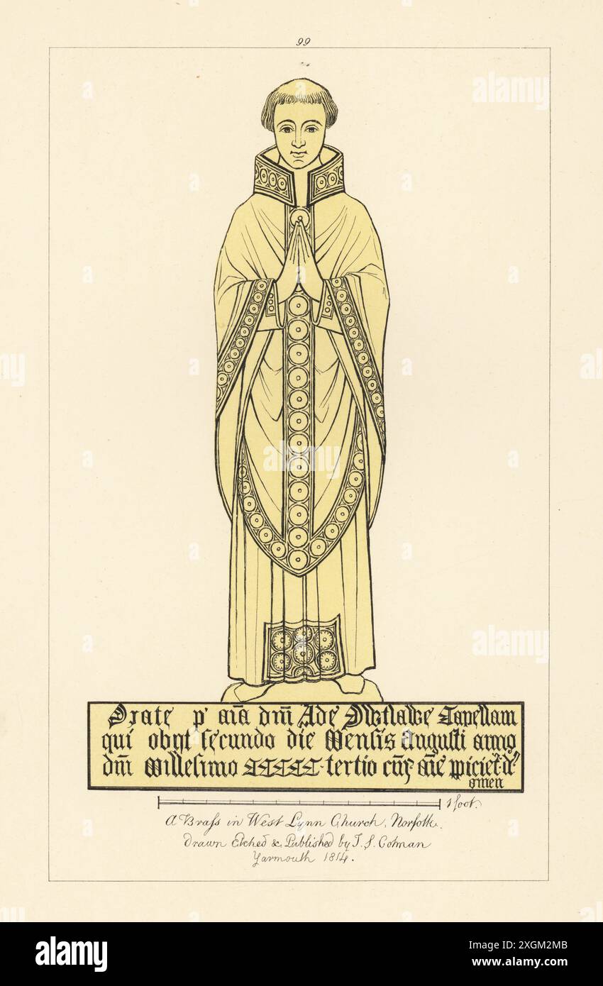 Adam Outlawe, prêtre, est mort en 1503. En tonsure et autel vêtements ou chasuble. Laiton commémoratif dans l'église St Peter, West Lynn, Norfolk. Gravure sur cuivre teintée dessinée, gravée et publiée par John Sell Cotman dans gravures of the Most remarquable of the Sepulchral Brasses in Norfolk, Henry Bohn, Londres, 1818. Banque D'Images