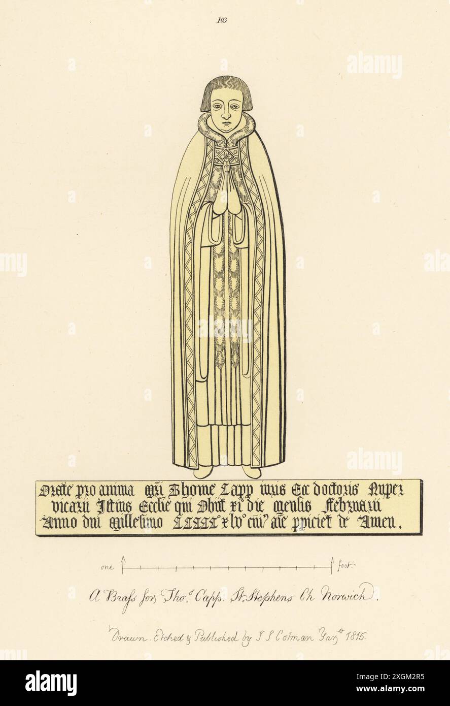 Thomas Capp, vicaire de St Stephen, est décédé en 1545. Portant la robe noire et le rochet d'un docteur en droit canonique, avec tippet de fourrure. Cuivres commémoratifs dans l'église St Stephen, Norwich. Gravure sur cuivre teintée dessinée, gravée et publiée par John Sell Cotman dans gravures of the Most remarquable of the Sepulchral Brasses in Norfolk, Henry Bohn, Londres, 1818. Banque D'Images