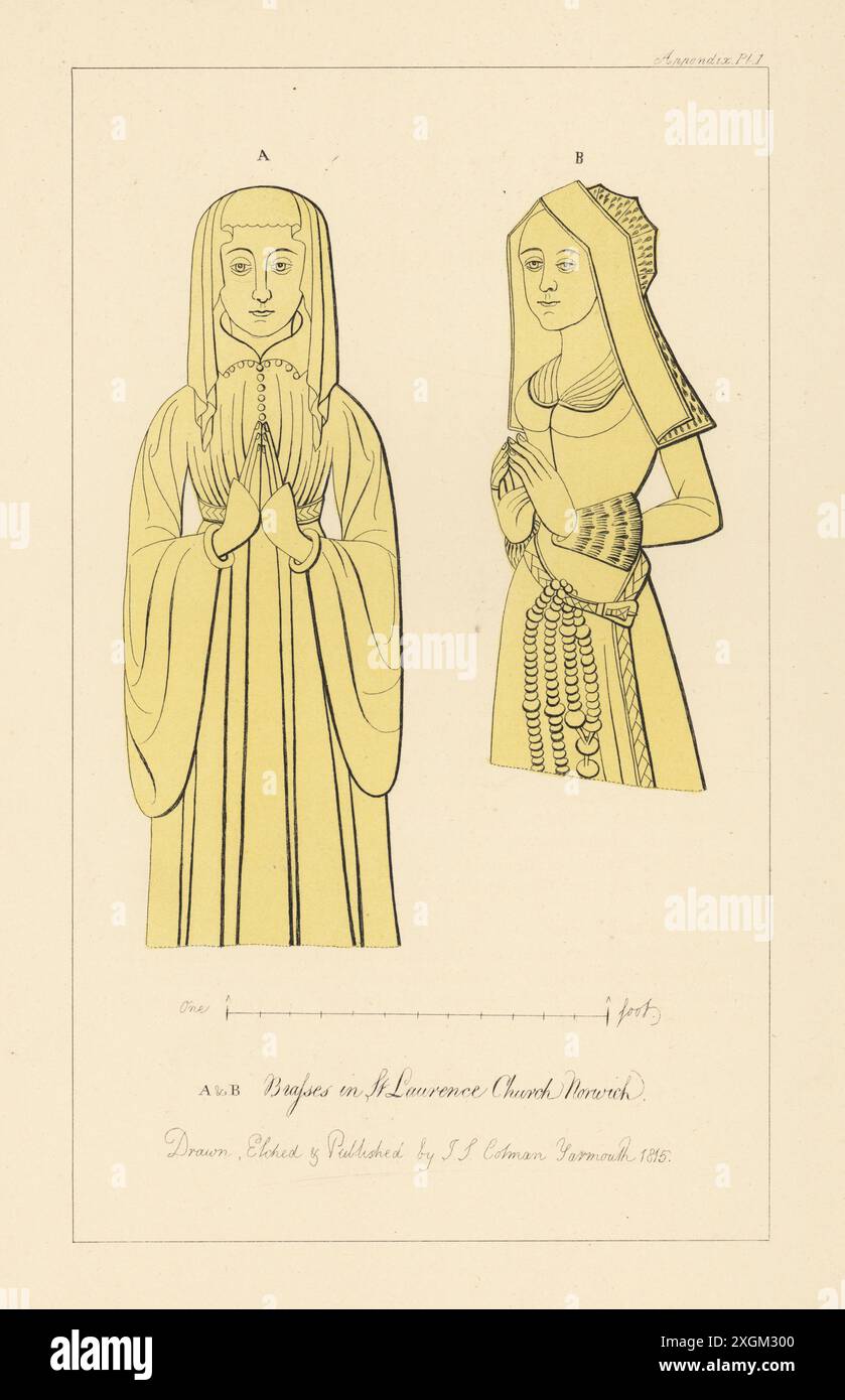 Margaret Groos A en robe de deuil, épouse de John Groos, décédée en 1498, et Margaret Leche B, épouse du conseiller municipal Robard Leche, en cagoule à pignon, ceinture et chapelet, décédée en 1535. Cuivres commémoratifs dans l'église St Lawrence, Norwich, Norfolk. Gravure sur cuivre teintée dessinée, gravée et publiée par John Sell Cotman dans gravures of the Most remarquable of the Sepulchral Brasses in Norfolk, Henry Bohn, Londres, 1818. Banque D'Images