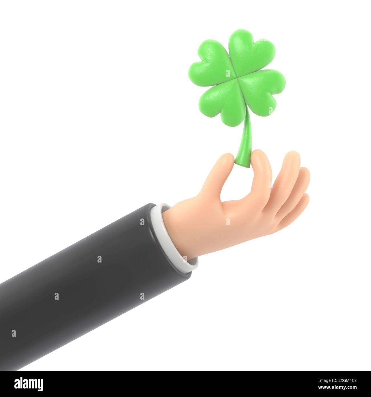 Icône de geste de dessin animé Mockup.3d icône main tenant la feuille de trèfle. Bras d'affaires avec Shamrock vert, symbole de chance et de succès, rendu 3D sur backgro blanc Banque D'Images