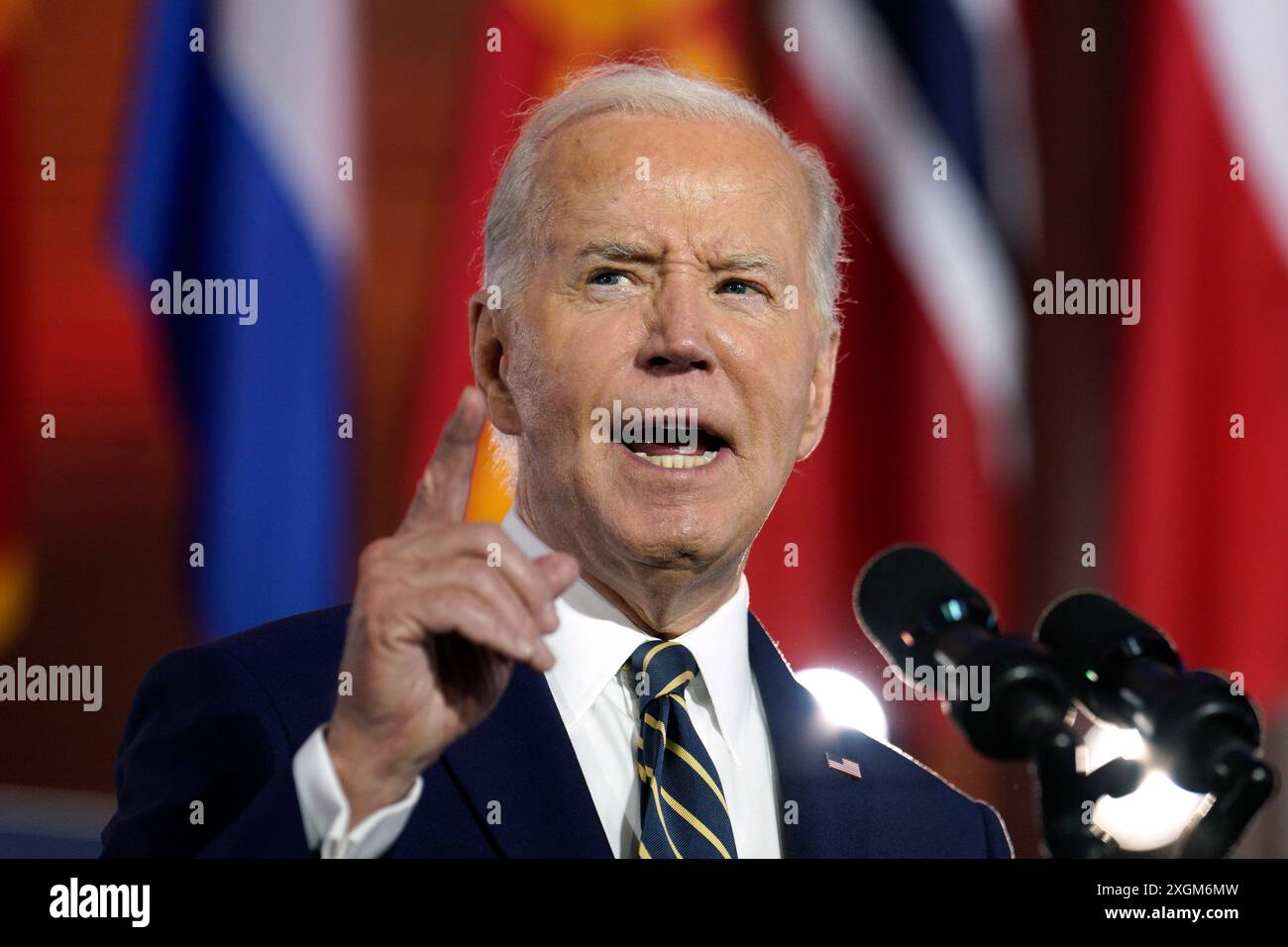 Le président des États-Unis Joe Biden prononce une allocution à l'occasion du 75e anniversaire de l'OTAN à l'Andrew W. Mellon Auditorium, à Washington, le 9 juillet 2024. Crédit : Yuri Gripas / piscine via CNP / MediaPunch Banque D'Images