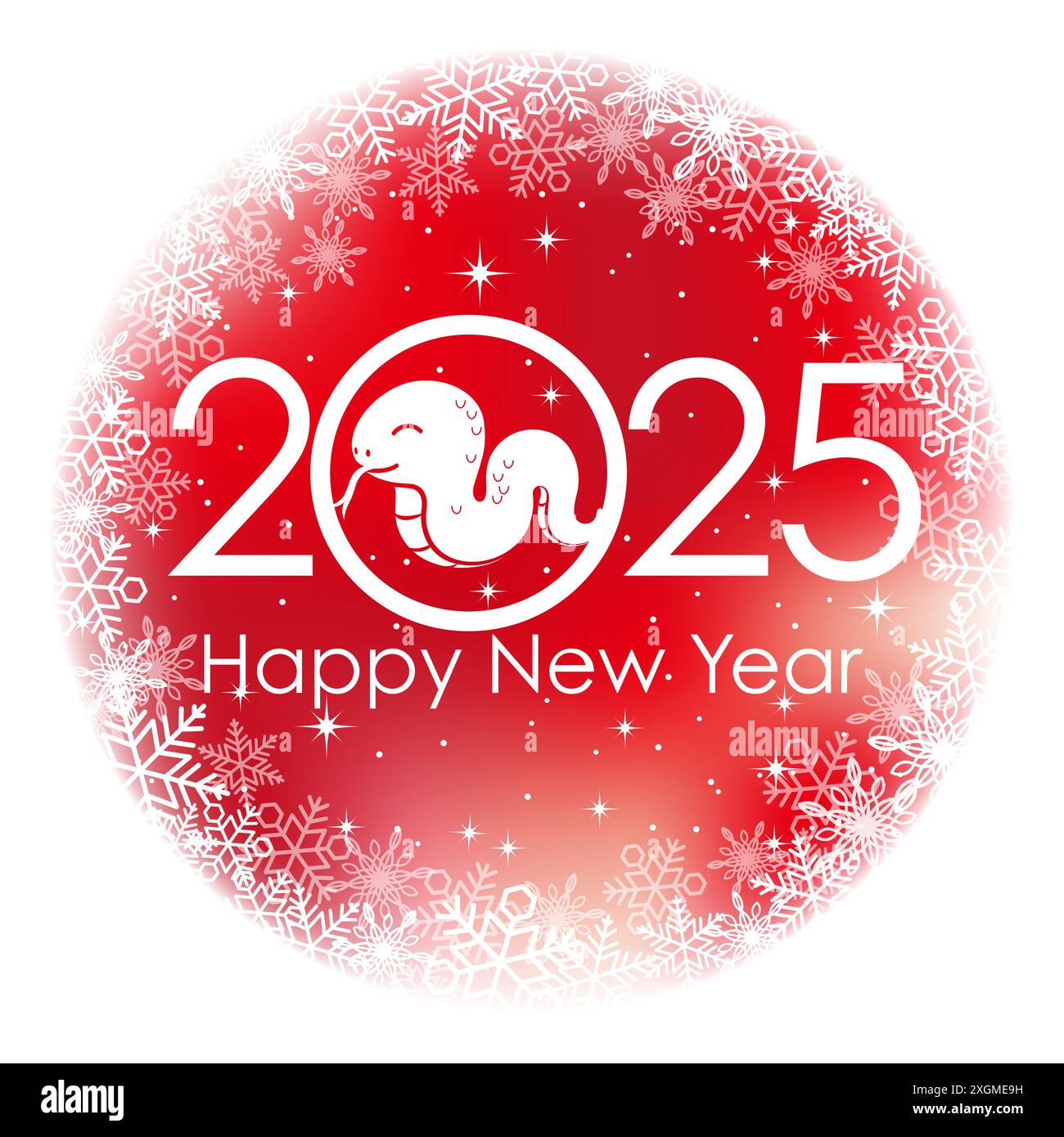 L'année 2025, l'année du serpent, symbole de voeux rond rouge avec flocons de neige. Illustration vectorielle isolée sur Un fond blanc. Illustration de Vecteur