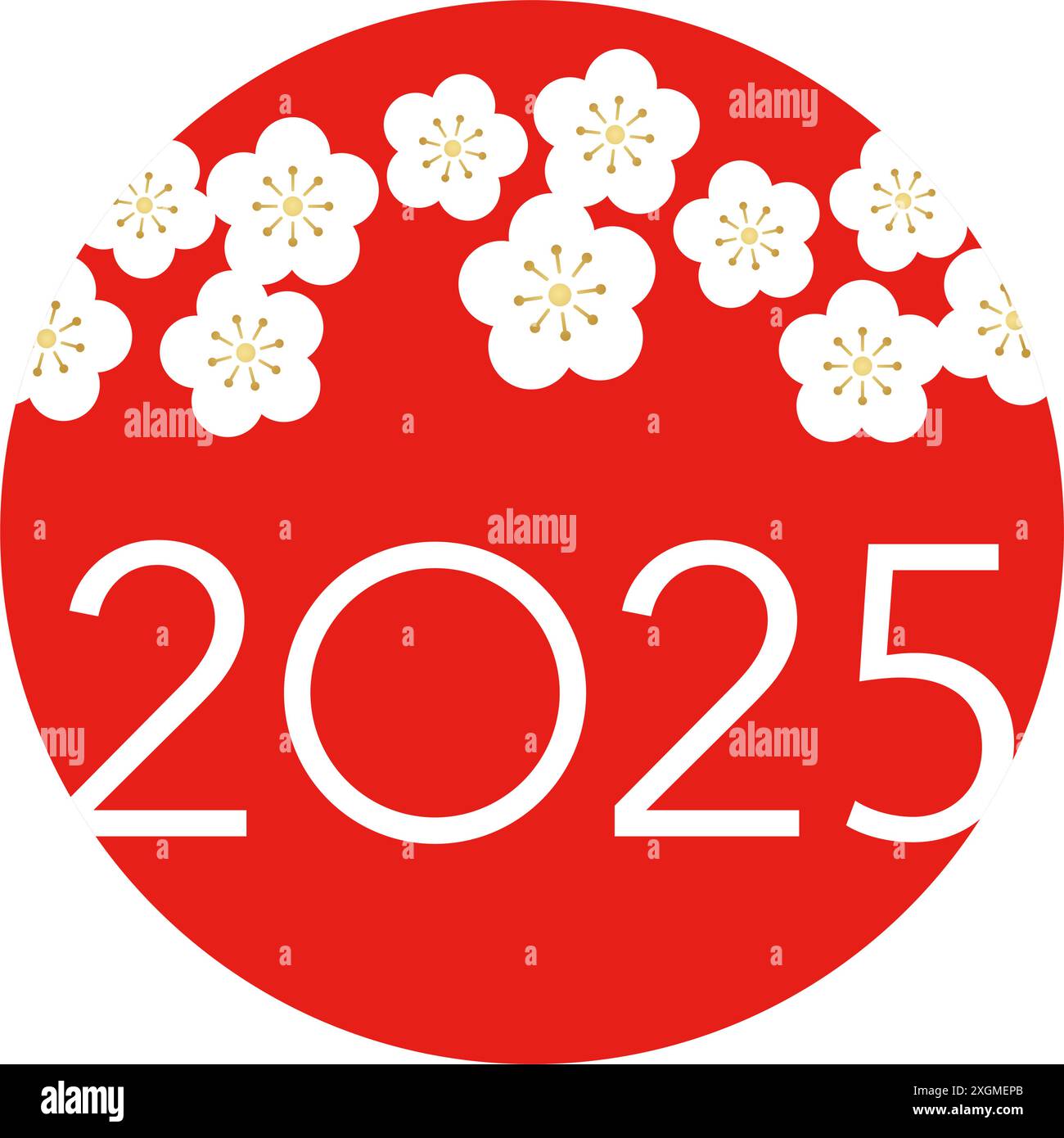 Le symbole de voeux du nouvel an 2025 avec le soleil rouge et les fleurs de cerisier blanc. Illustration vectorielle isolée sur Un fond blanc. Illustration de Vecteur