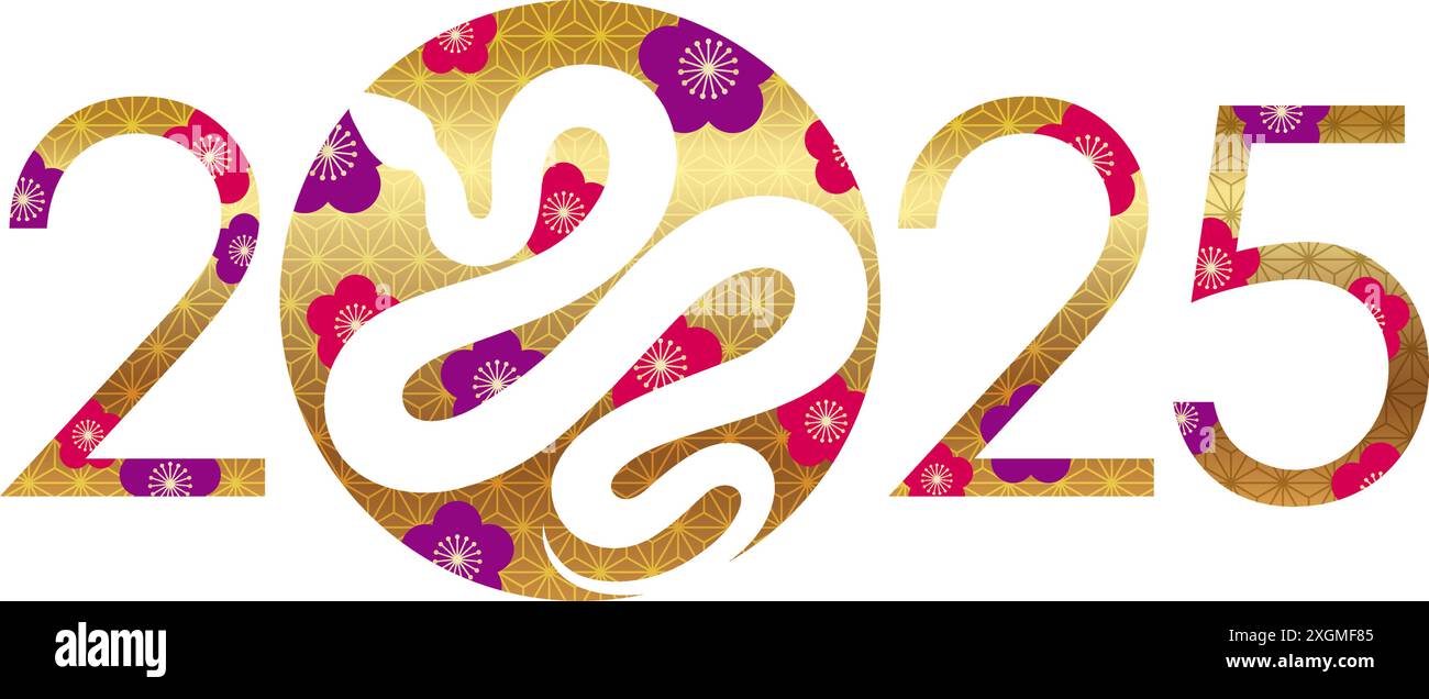 L’année 2025, année du serpent, symbole de voeux du nouvel an décoré de motifs vintage japonais. Illustration de Vecteur