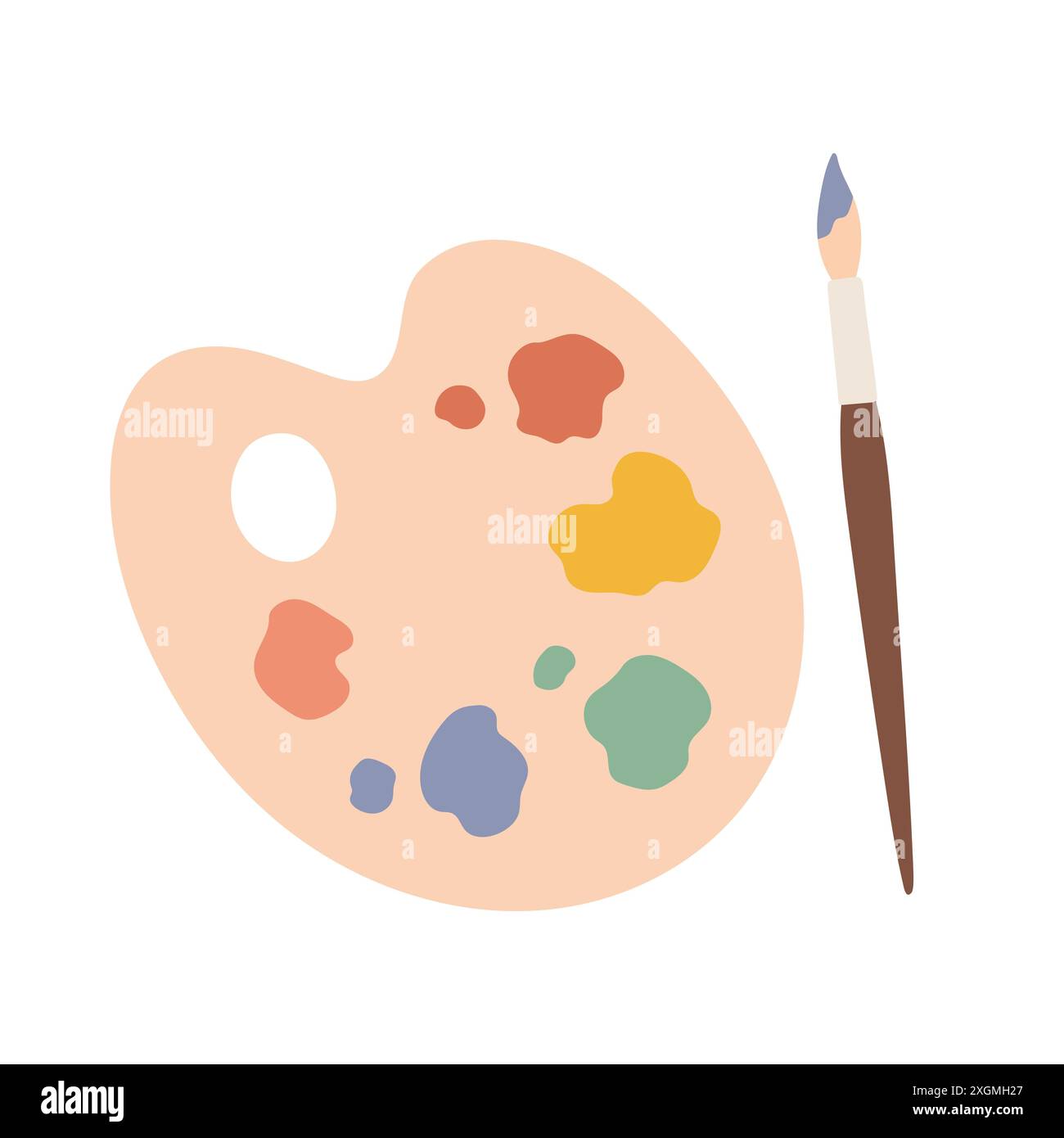 Palette simple avec des peintures de différentes couleurs et pinceau, pinceau. Vue de dessus des outils d'artiste peintre isolé sur blanc Illustration de Vecteur