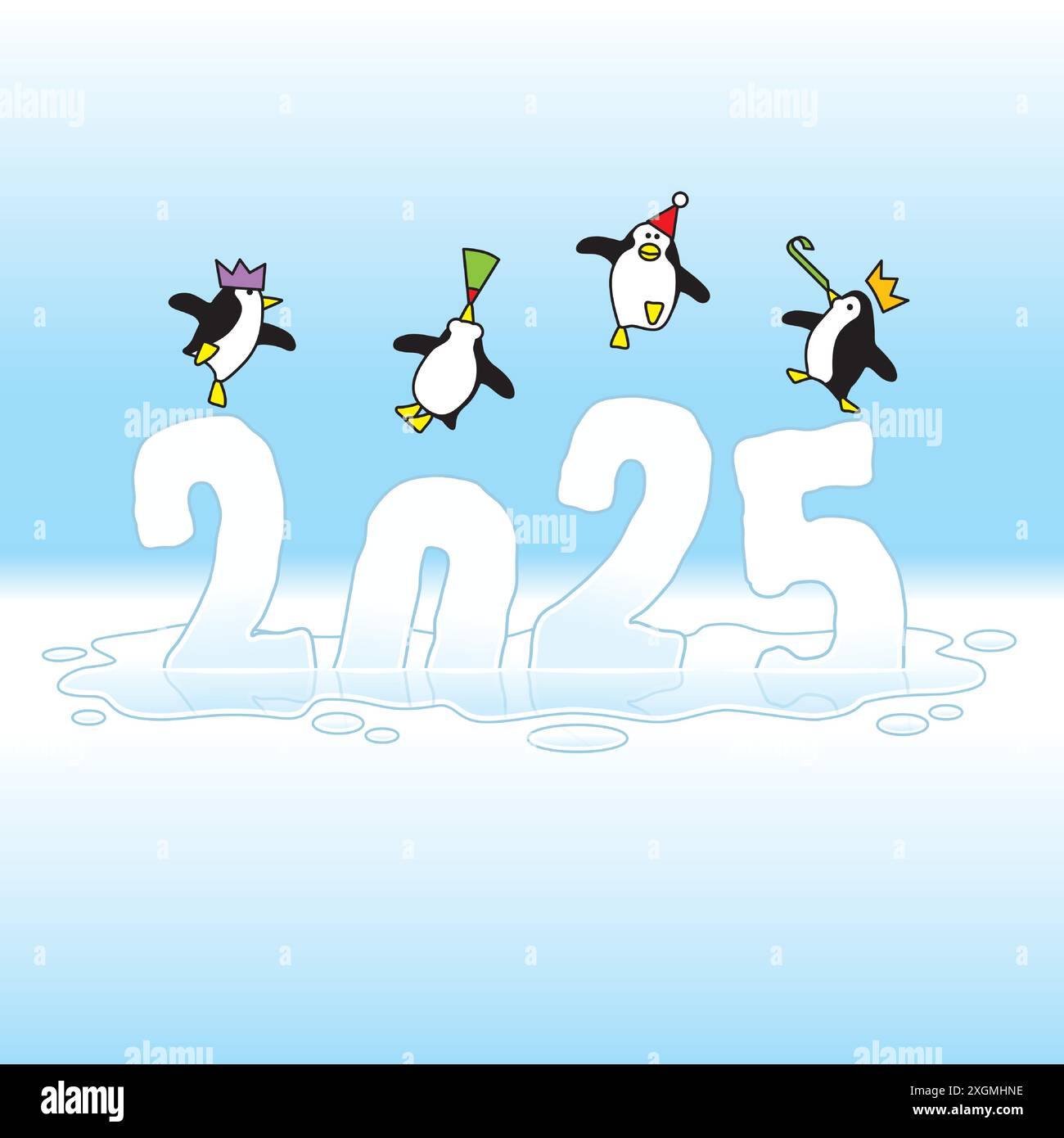 Quatre pingouins Happy Party portant des chapeaux en papier dansant sur le dessus de l'année 2025 sculpture de glace fondant lentement en raison du réchauffement climatique Illustration de Vecteur