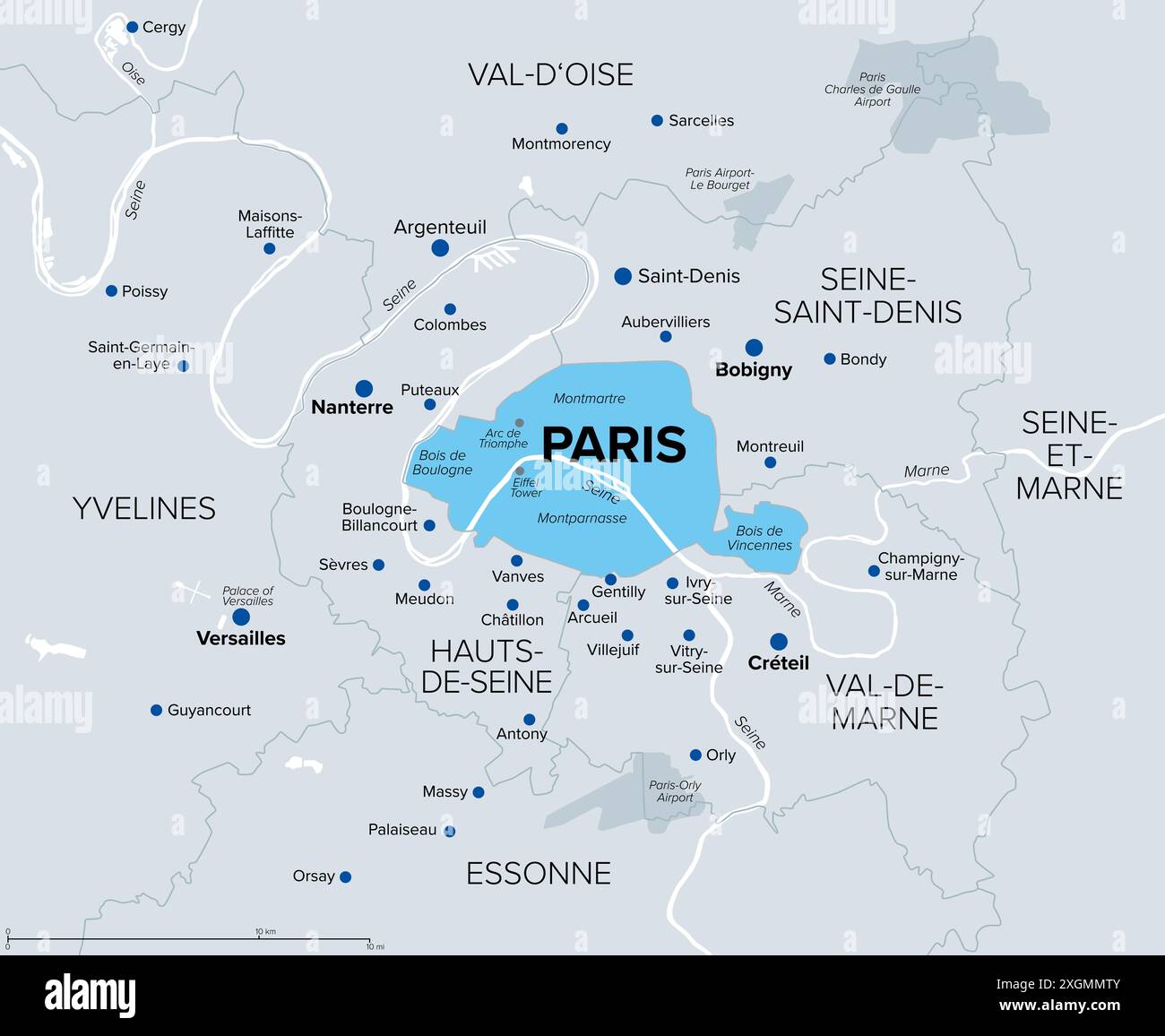 Paris, département et capitale de la France, carte politique. Partie de l'Ile-de-France, avec petite Couronne, l'anneau intérieur, formé de 3 départements. Banque D'Images