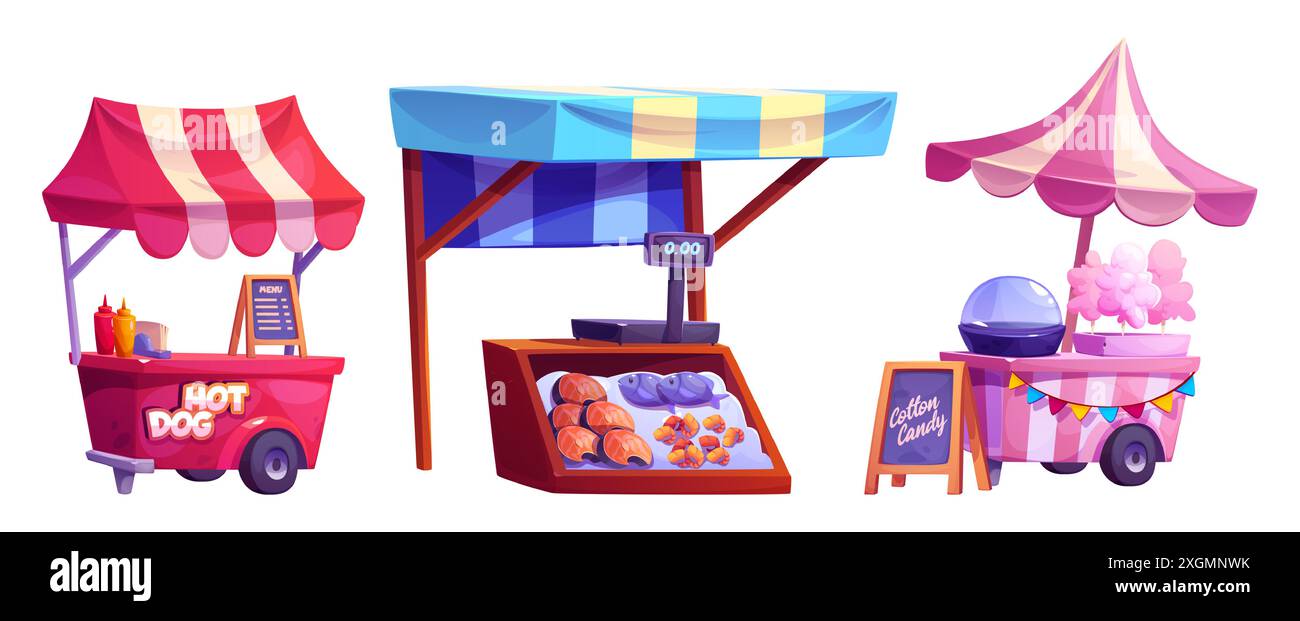 Magasins de marché alimentaire de rue et étals avec hot-dog, poisson frais et fruits de mer, barbe à papa sucrée. Ensemble d'illustration vectorielle de dessin animé de stand extérieur et de parc de ville et kiosque ou marché local. Illustration de Vecteur