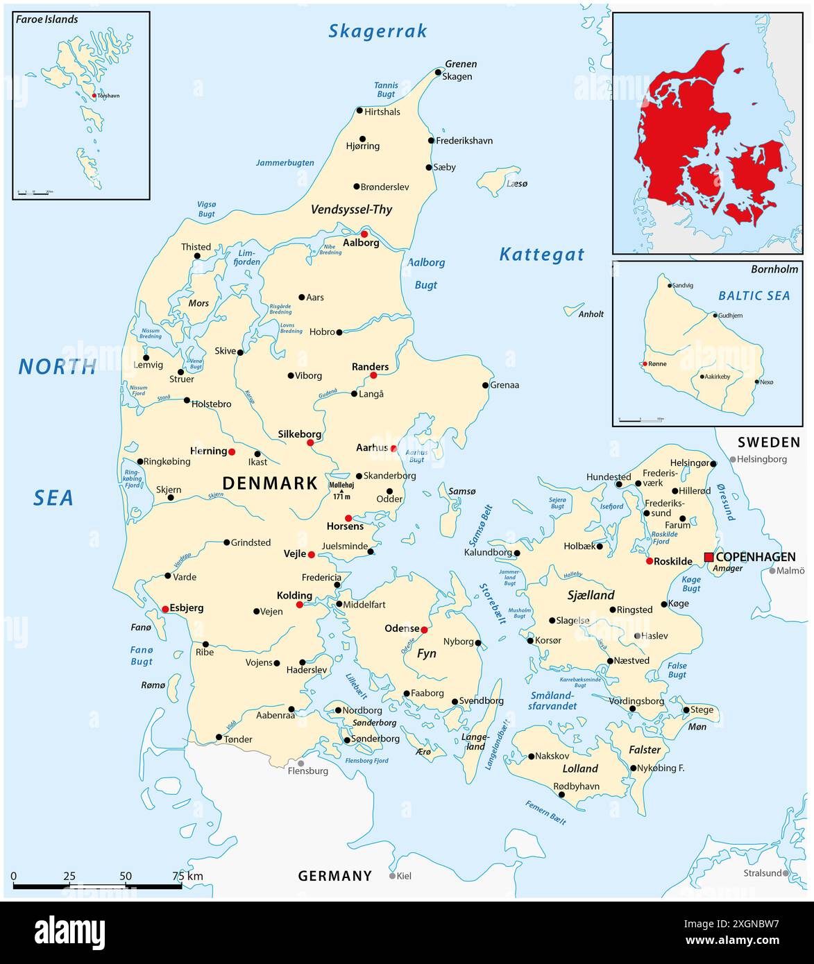 Carte vectorielle du Danemark, pays d'Europe du Nord Banque D'Images