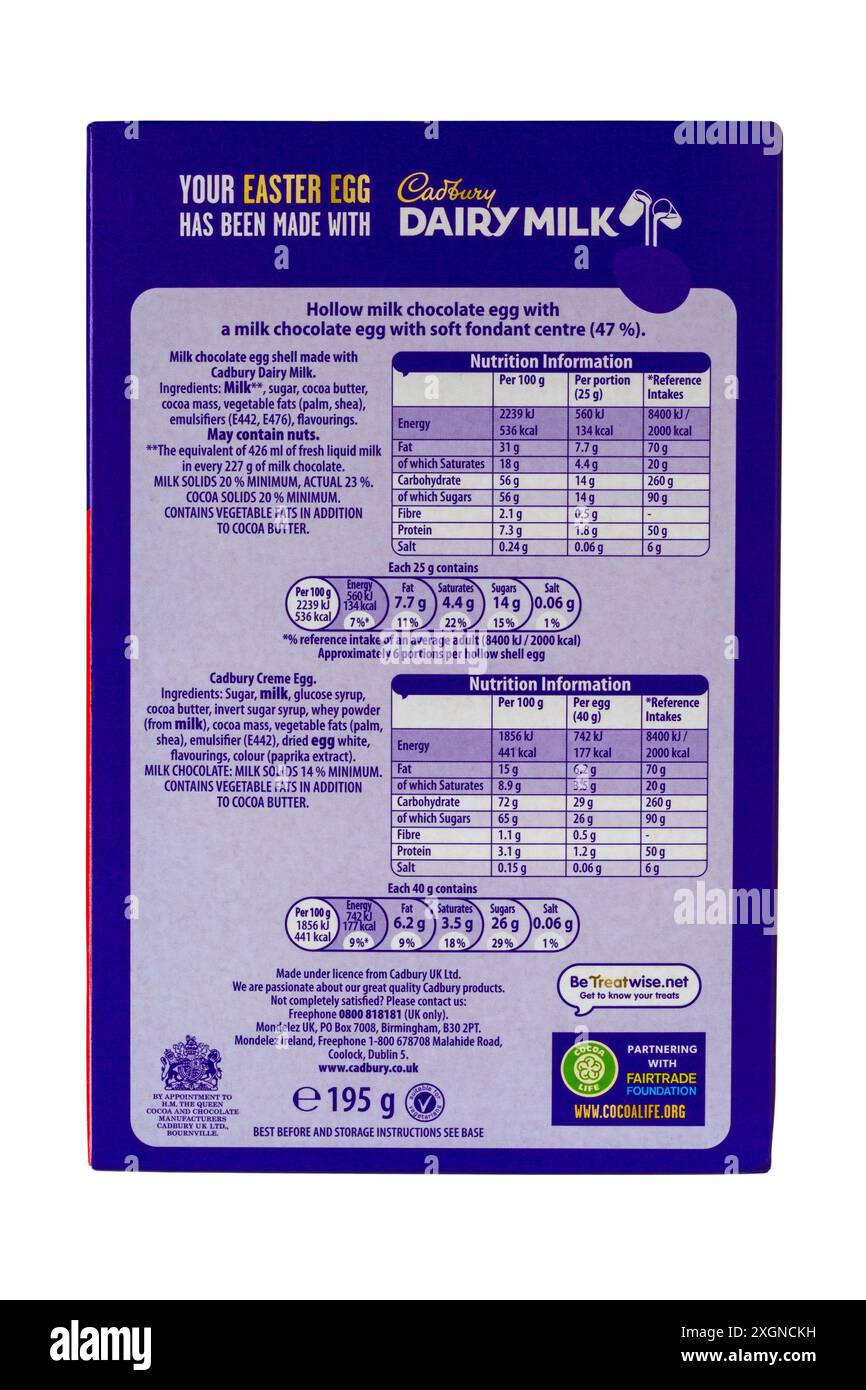 Ingrédients et informations nutritionnelles sur le dos de la boîte de Cadbury Creme Egg Easter Egg isolé sur fond blanc Banque D'Images