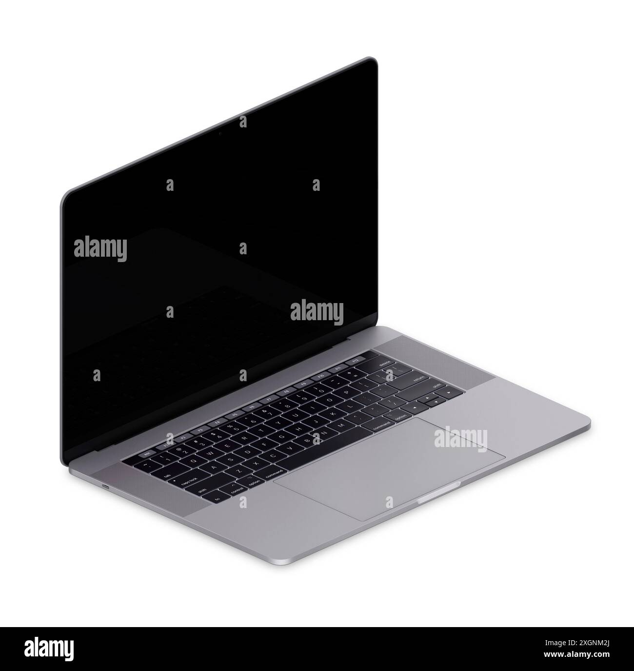 Un ordinateur portable argenté avec un écran noir ouvert et un clavier visible, mettant en valeur une technologie moderne et élégante Banque D'Images