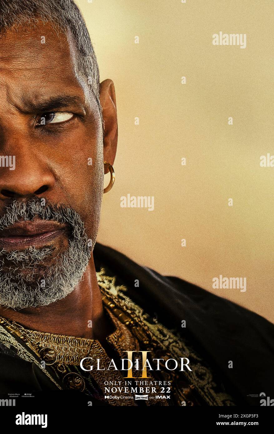 Gladiator II (2024) réalisé par Ridley Scott et mettant en vedette Denzel Washington dans le rôle de Macrinus. Après que sa maison a été conquise par les empereurs tyranniques qui dirigent maintenant Rome, Lucius est forcé d'entrer dans le Colisée et doit regarder son passé pour trouver la force de rendre la gloire de Rome à son peuple. Affiche de personnage AMÉRICAINE ***USAGE ÉDITORIAL SEULEMENT ***. Crédit : BFA / Paramount Pictures Banque D'Images