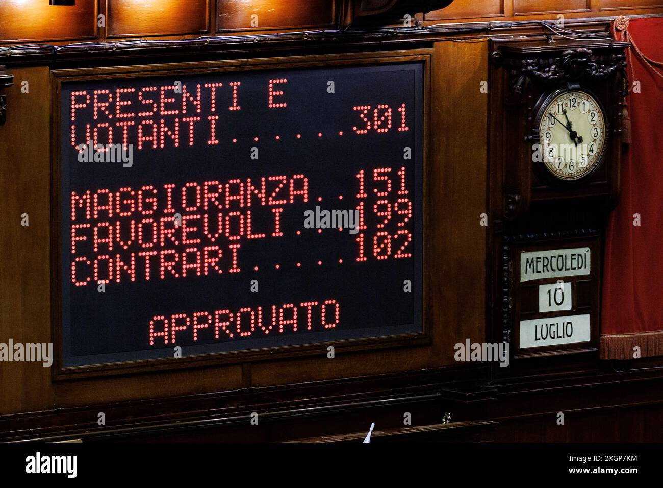 Roma, Italie. 10 juillet 2024. Il tabellone elettronico durante il voto final del dddl sulla riforma della giustizia alla Camera dei deputati a Roma, Mercoledì, 10 Luglio 2024 (Foto Roberto Monaldo/LaPresse) Tableau de bord électronique lors du vote final sur le projet de loi de réforme de la justice à la Chambre des députés à Rome, mercredi 10 juillet 2024 (photo de Roberto Monaldo/LaPresse) crédit : LaPresse/Alamy Live News Banque D'Images