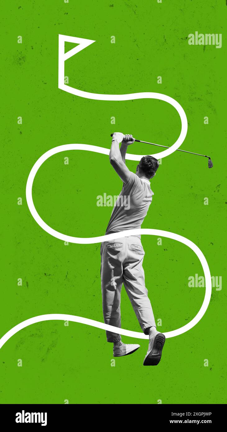 Image en noir et blanc d'un golfeur masculin en mouvement, jouant sur fond vert abstrait symbolisant le champ. Collage d'art contemporain. Banque D'Images