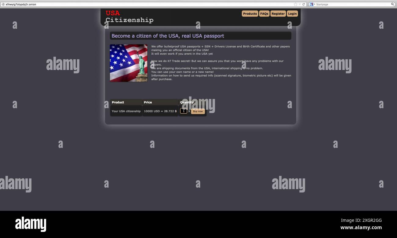 Capture d'écran de passeports contrefaits à vendre sur les sites Dark Net Market. Banque D'Images