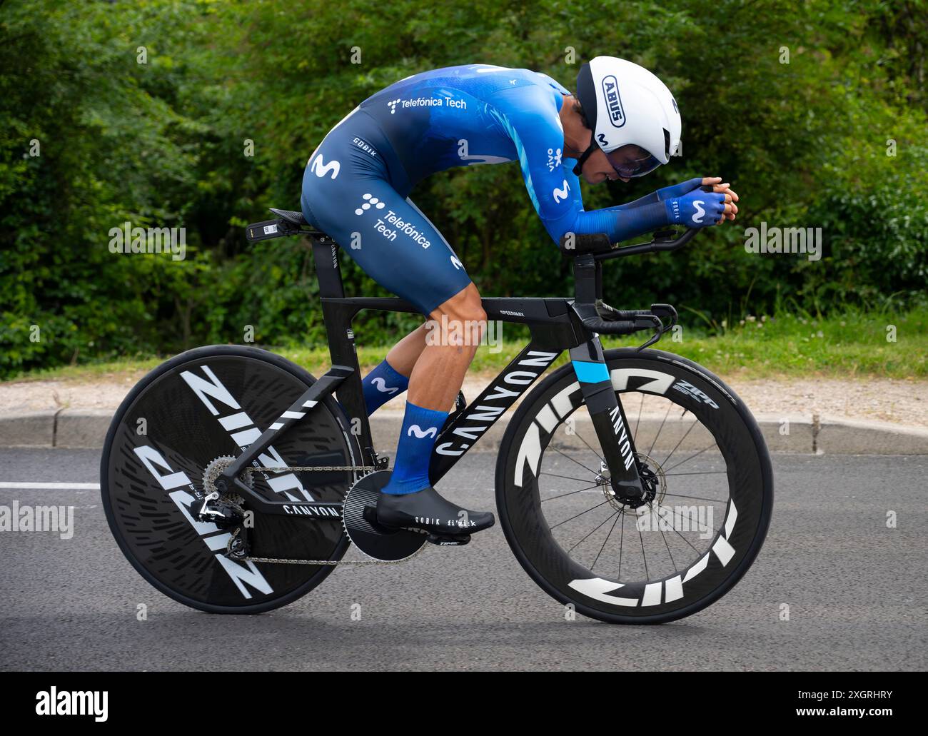 Javier Romo, Movistar Team, Tour de france 2024 étape 7 contre-montre de nuits-Saint-Georges à Gevrey-Chambertin, Bourgogne, France. Banque D'Images