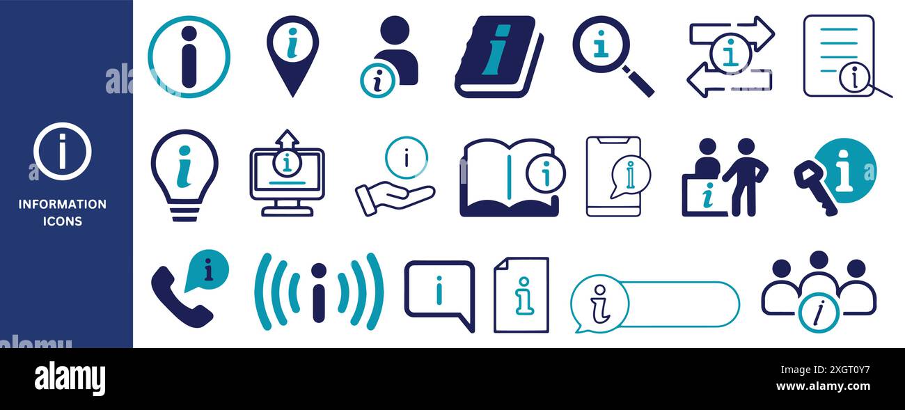 Icône d'information définie. info, emplacement, info utilisateur, support, à propos de nous, chat, icônes de notification, illustration vectorielle. Illustration de Vecteur