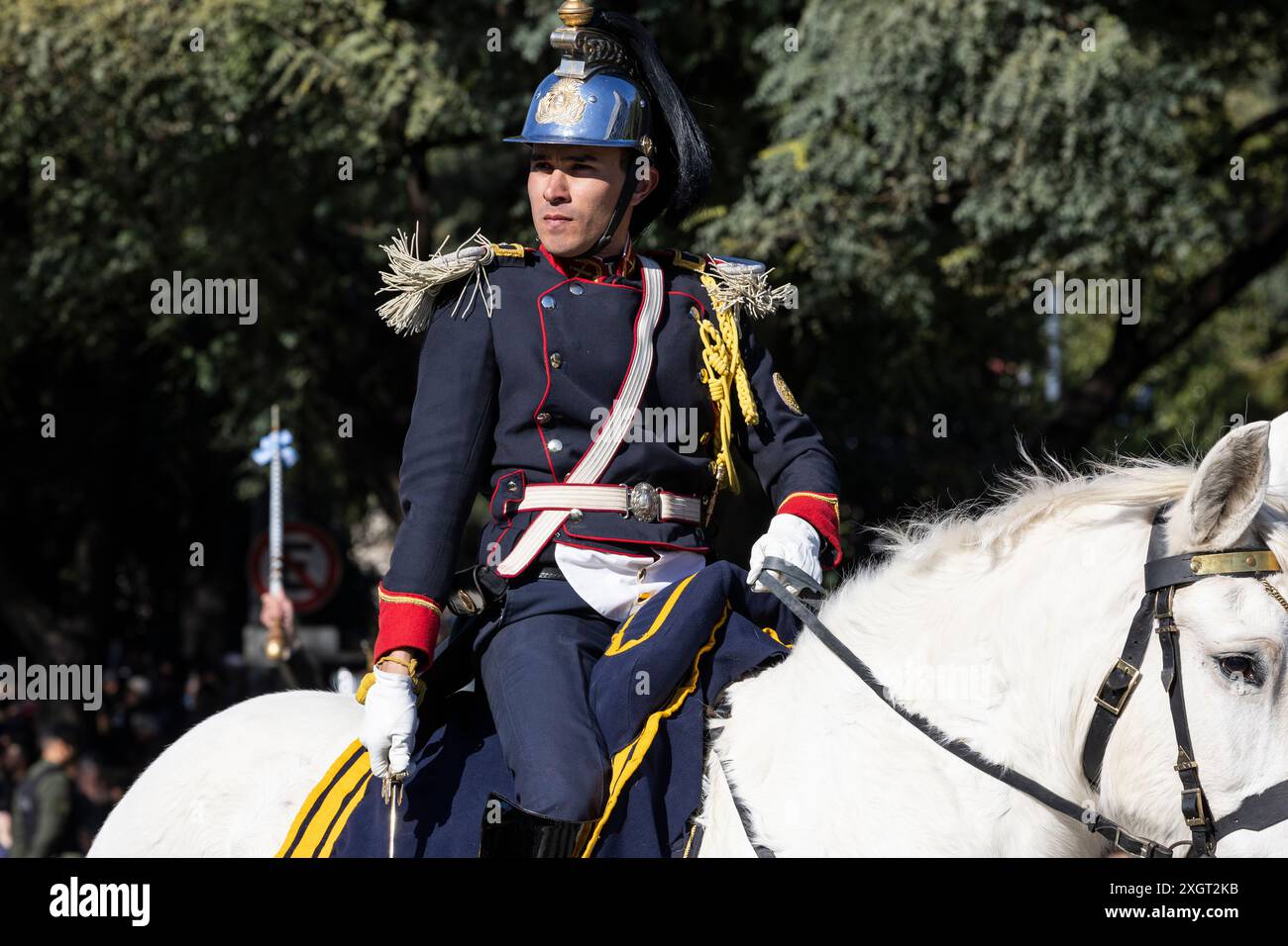 L'un des grenadiers montés regarde vers la boîte officielle tout en défilant le jour de l'indépendance de l'Argentine. Dans la ville de Buenos Aires, vers 11h00, le défilé du 9 juillet, jour de la déclaration de l'indépendance de la République Argentine, a eu lieu. L'acte a été présidé par le Président Javier Milei, accompagné de ses principaux responsables. Les vétérans de la guerre des Malvinas menaient le défilé. (Photo de Rosana Alvarez Mullner / SOPA images/SIPA USA) Banque D'Images