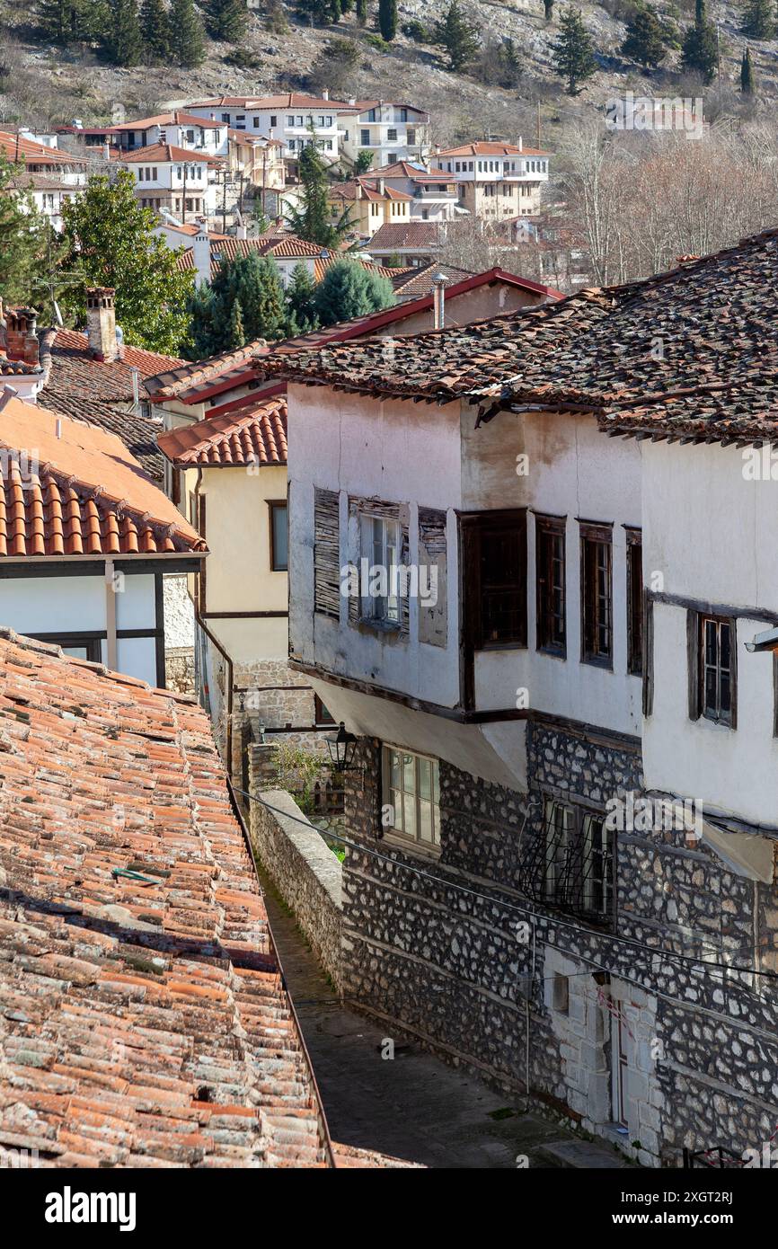 Un aperçu de la charmante vieille ville de Kastoria, dans le nord de la Grèce, présentant des maisons traditionnelles en pierre et en bois avec des toits en tuiles rouges. Banque D'Images