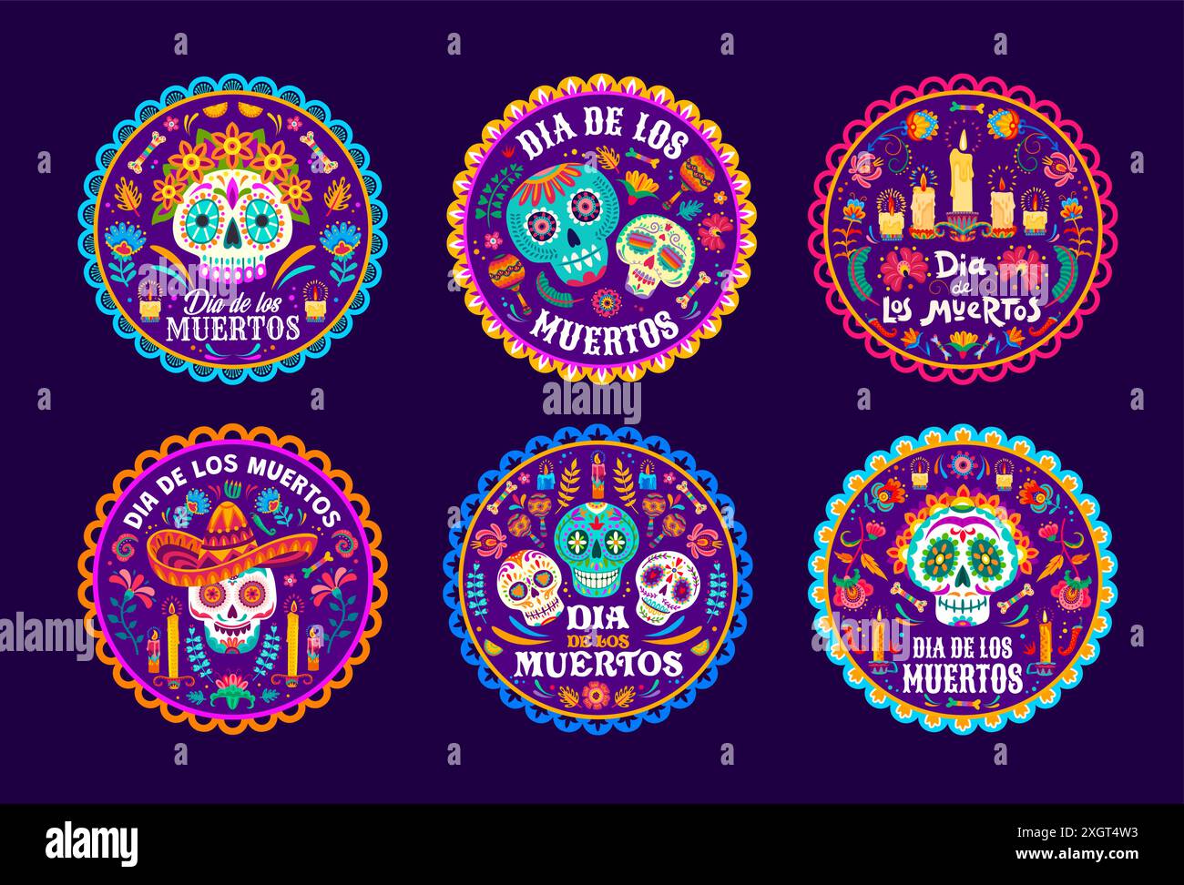 Day of the Dead étiquettes avec des crânes de sucre mexicains vectoriels d'Halloween et des fleurs de souci, des chapeaux de sombrero, des bougies et des maracas. Dia de los Muertos carnaval de la mort Catrina Calavera squelettes ronds tags Illustration de Vecteur