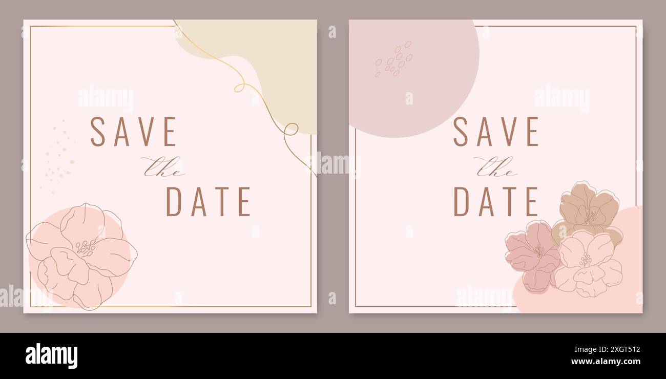 Élégant enregistrer les modèles de carte de date dans des couleurs pastel décorées avec des fleurs contour. Illustration vectorielle Illustration de Vecteur
