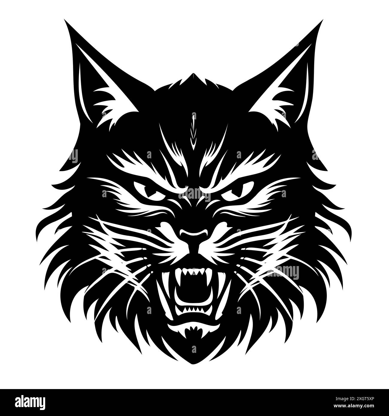 Tête de chat sauvage agressive en noir et blanc Illustration de Vecteur