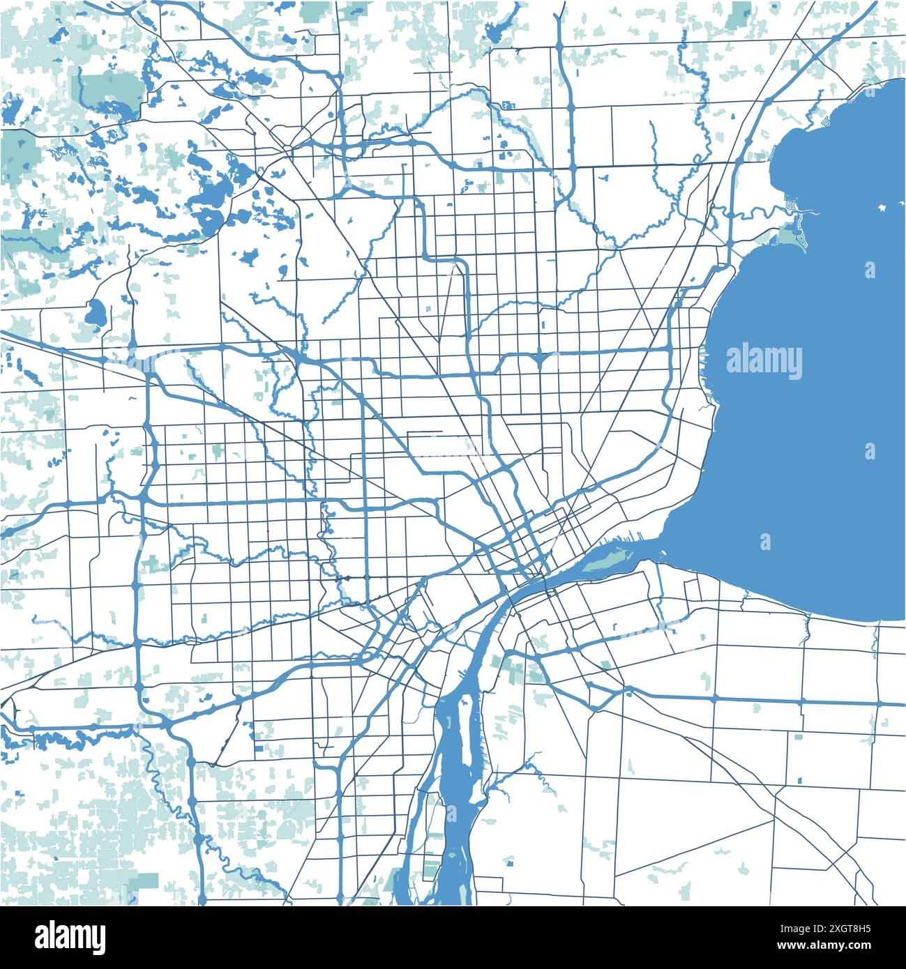 Carte de Detroit dans le Michigan en bleu. Contient un vecteur en couches avec routes eau, parcs, etc Illustration de Vecteur