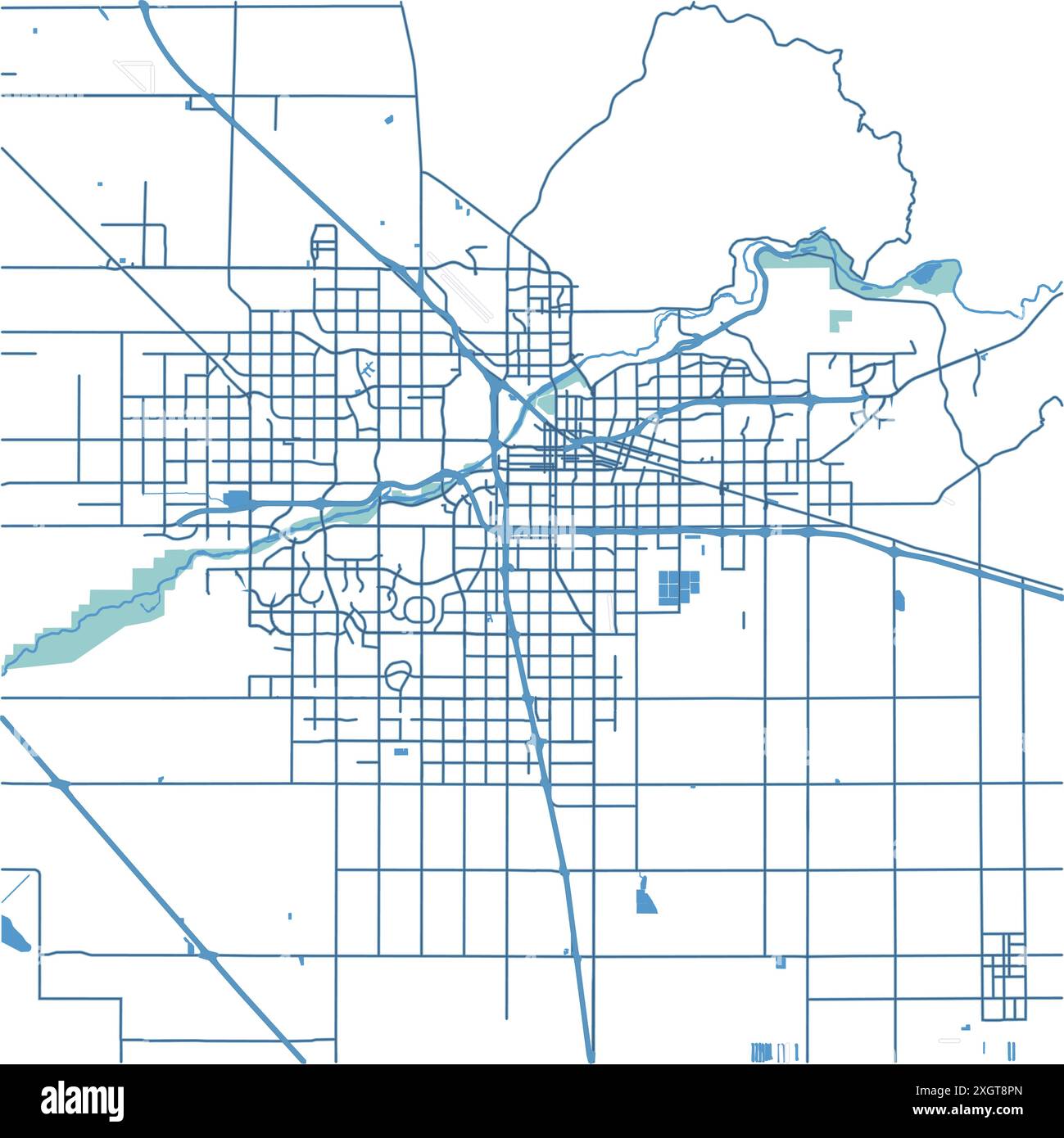 Carte de Bakersfield en Californie en bleu. Contient un vecteur en couches avec routes eau, parcs, etc Illustration de Vecteur