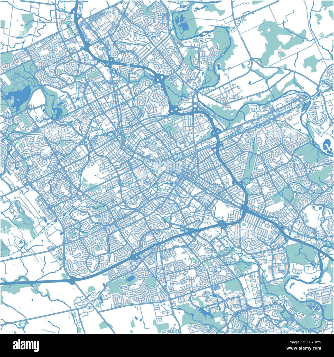Carte de Kitchener au Canada en bleu. Contient un vecteur en couches avec routes eau, parcs, etc Illustration de Vecteur