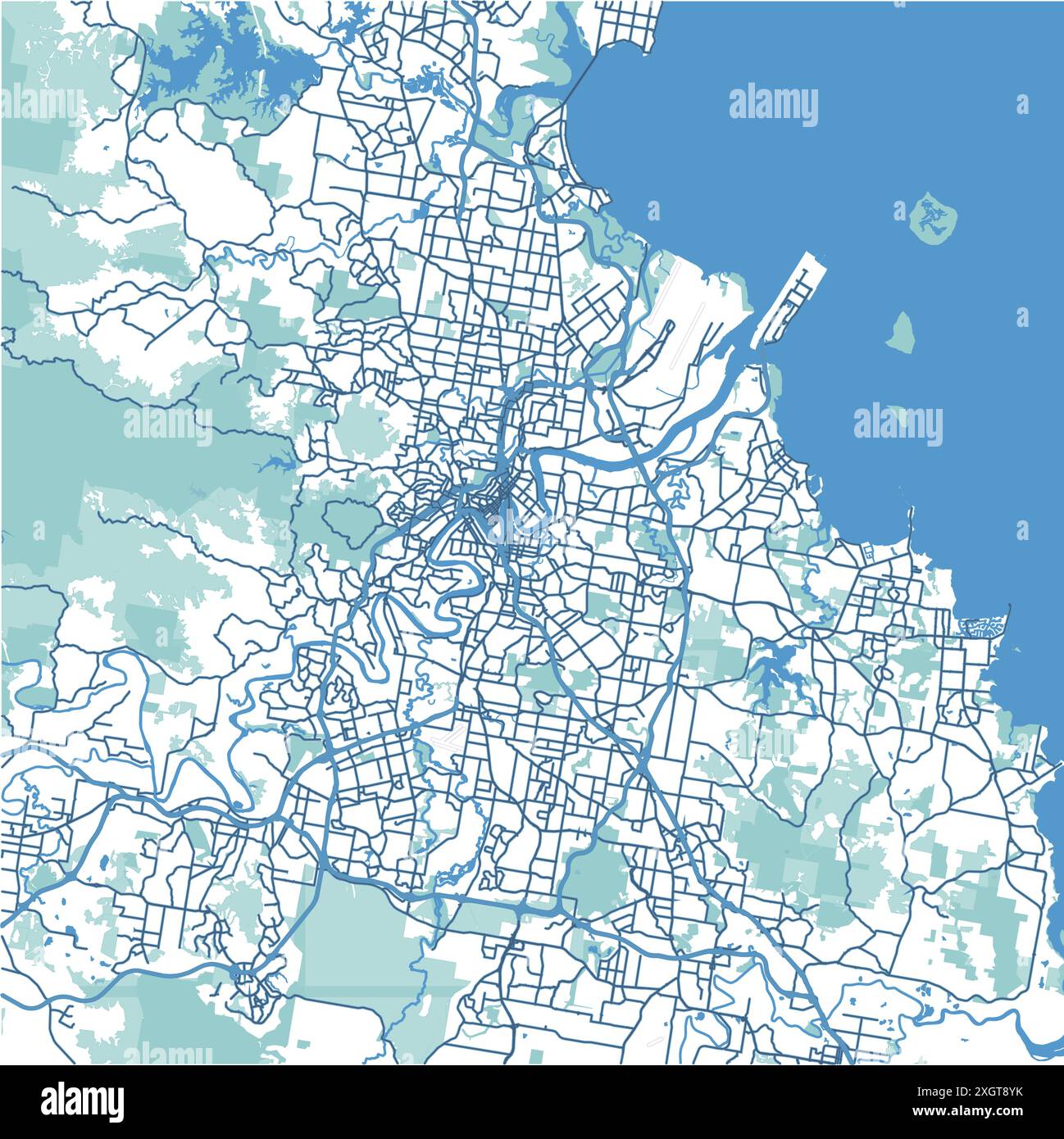 Carte de Brisbane en Australie en bleu. Contient un vecteur en couches avec routes eau, parcs, etc Illustration de Vecteur