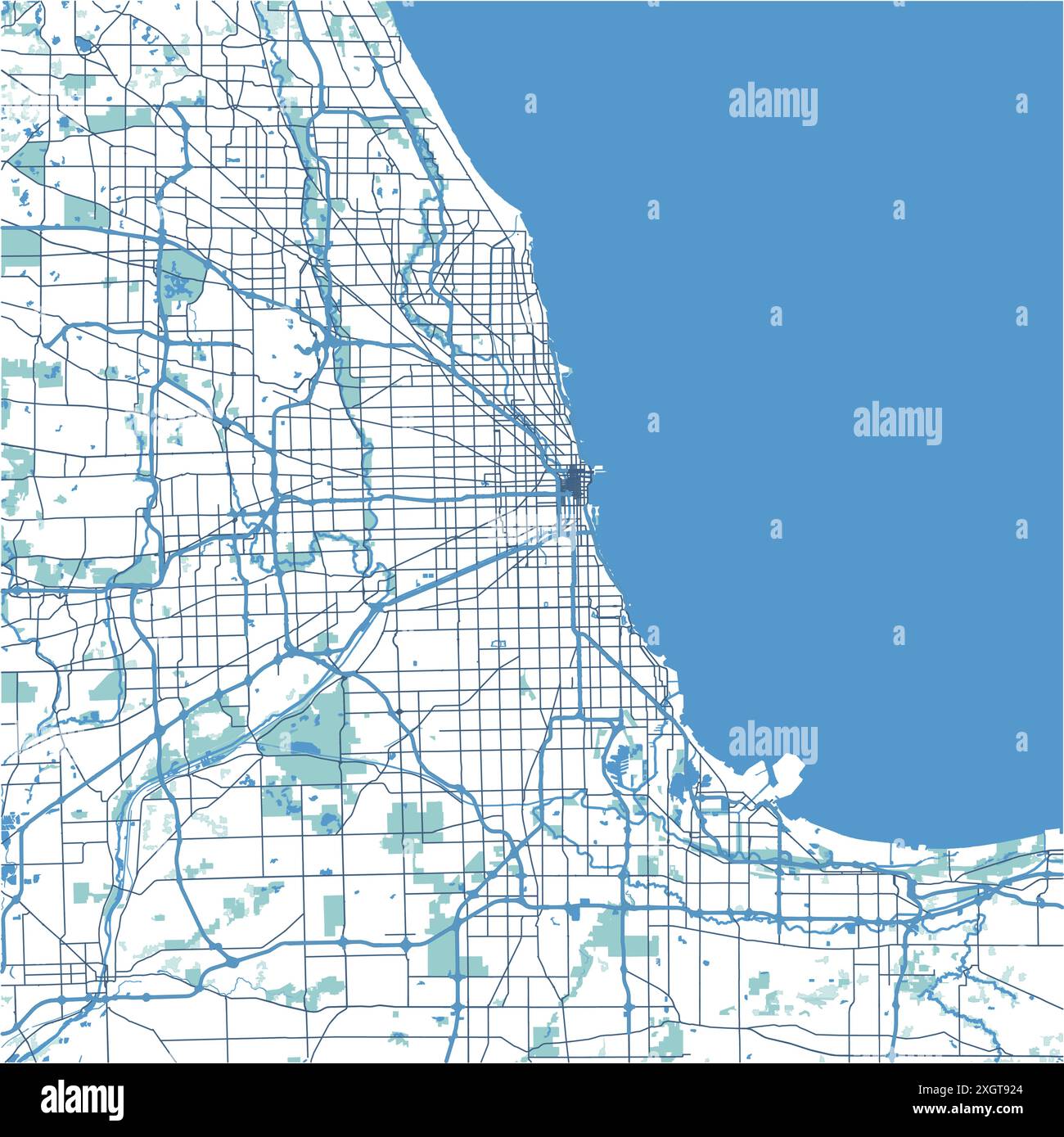 Carte de Chicago dans l'Illinois en bleu. Contient un vecteur en couches avec routes eau, parcs, etc Illustration de Vecteur