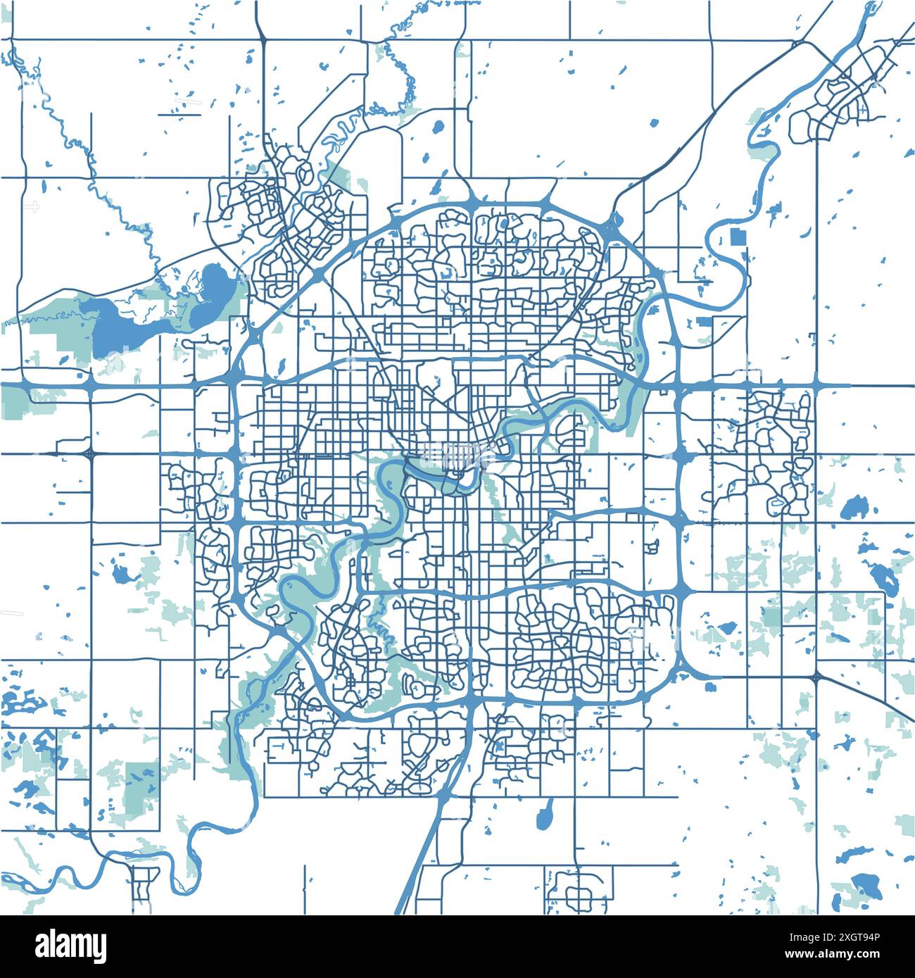 Carte d'Edmonton au Canada en bleu. Contient un vecteur en couches avec routes eau, parcs, etc Illustration de Vecteur