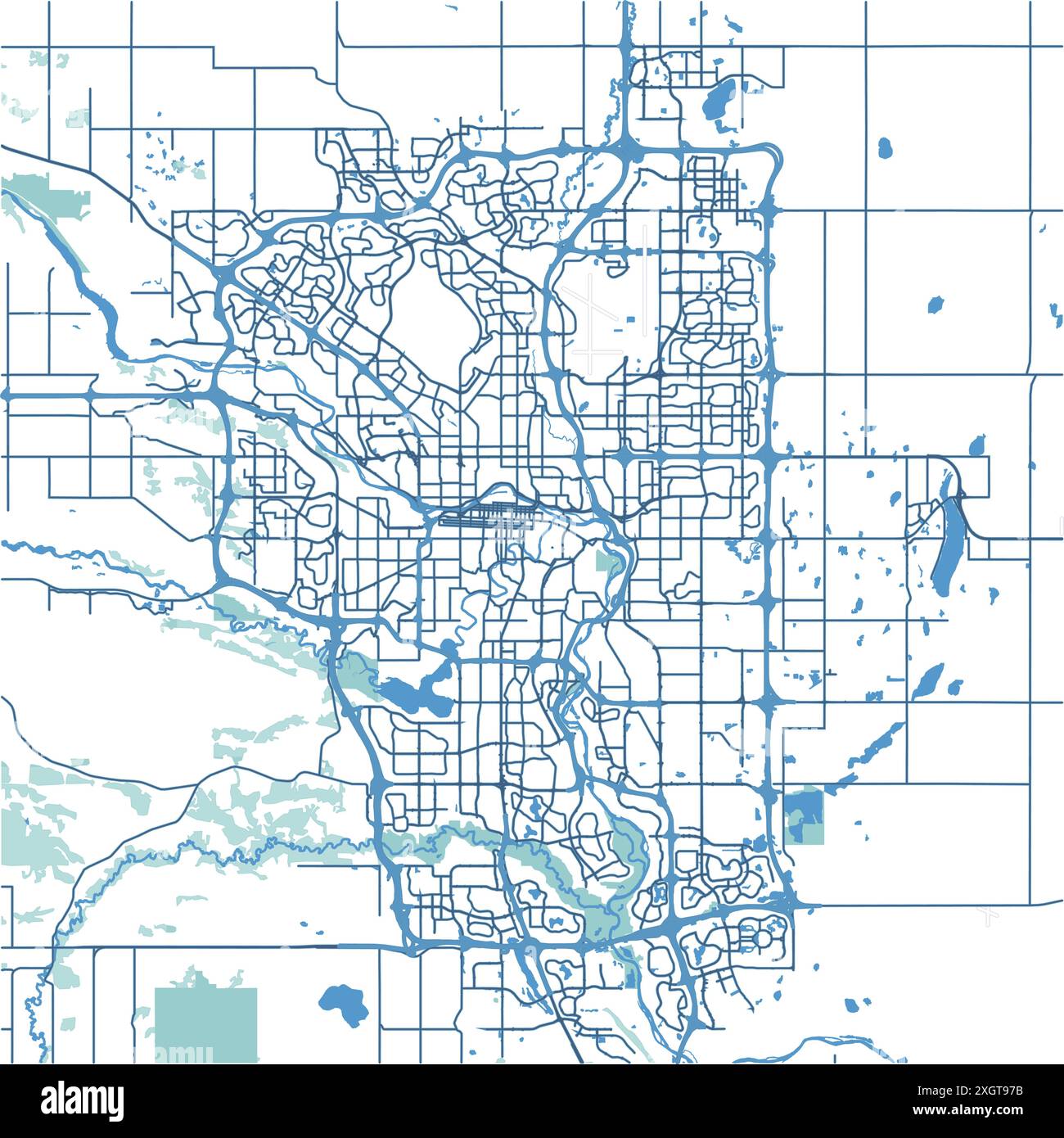 Carte de Calgary au Canada en bleu. Contient un vecteur en couches avec routes eau, parcs, etc Illustration de Vecteur